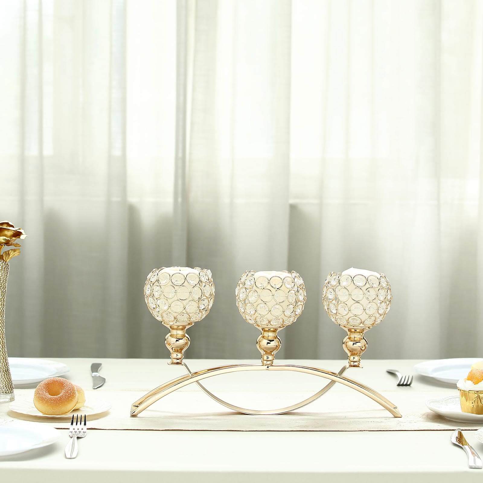 Chic Gold 3-Arm Arch Bridge Candelabra with Crystal Beads - Ideal Table Centerpiece for Events