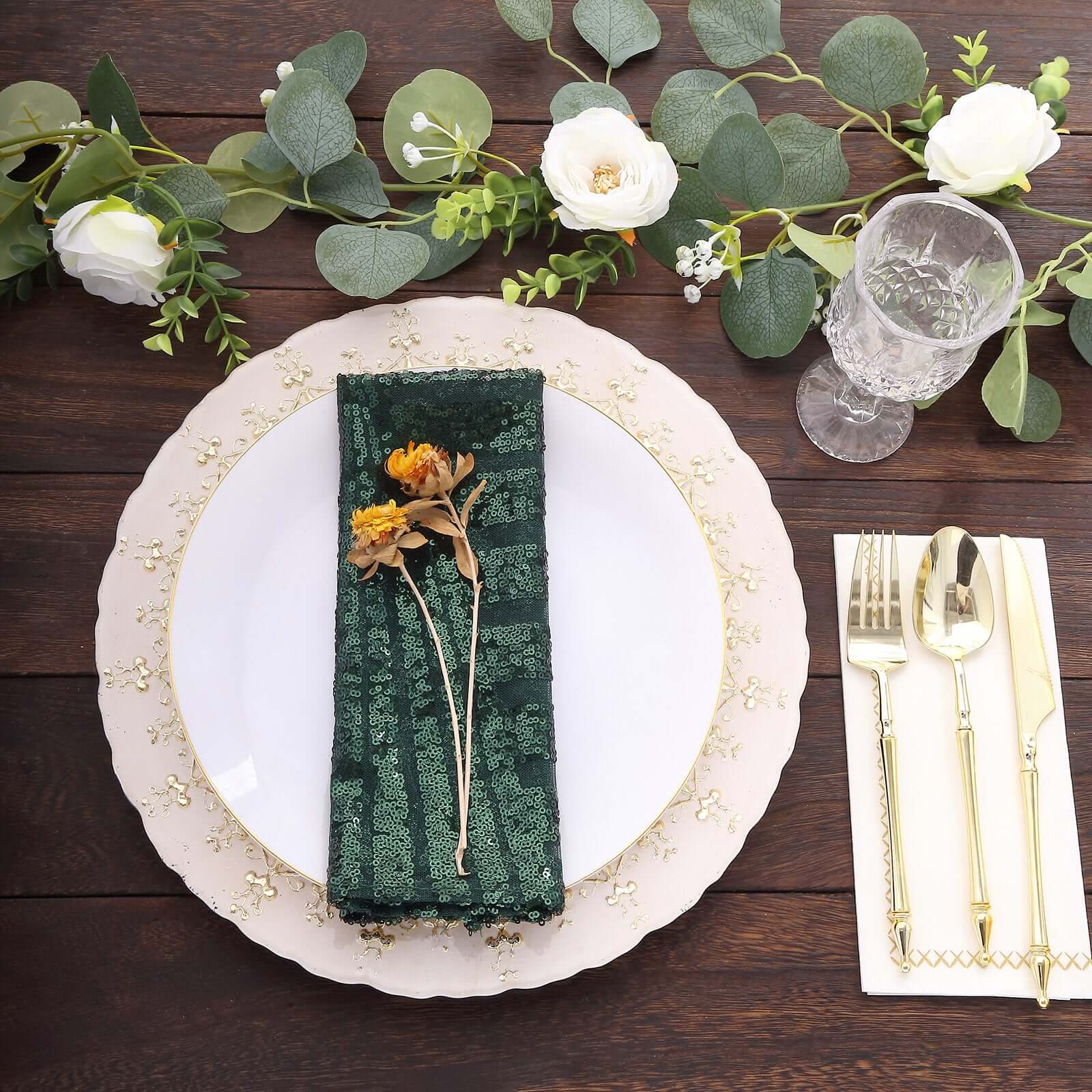 Get Reusable Diamond Pattern Sequin Dinner Napkins in Hunter Emerald Green, 20x20 Size