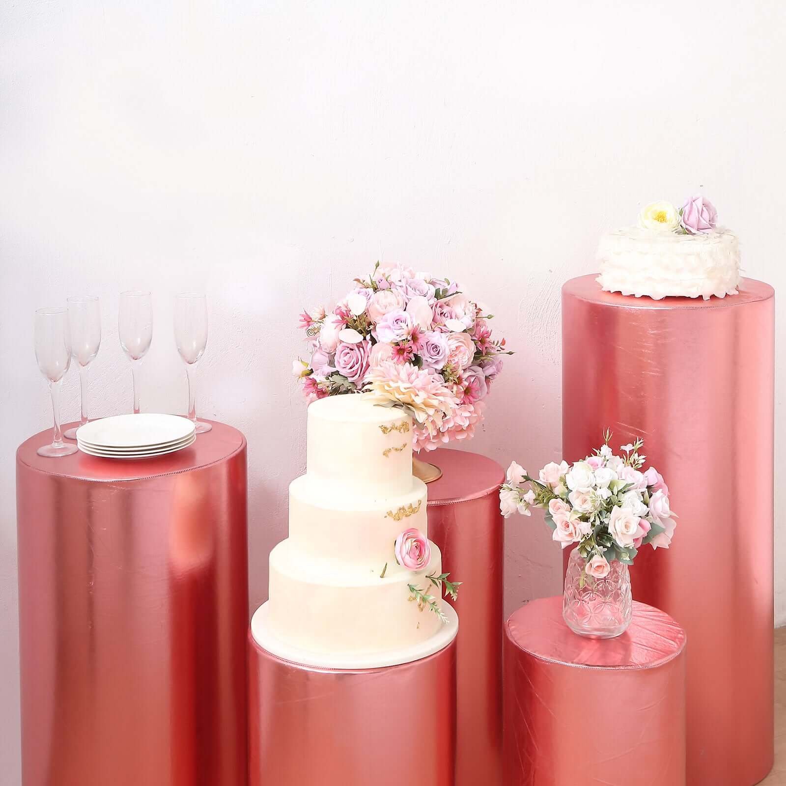 Hot Deal! Set of 5 Rose Gold Metallic Spandex Stretchable Pedestal Stand Covers - 130 GSM