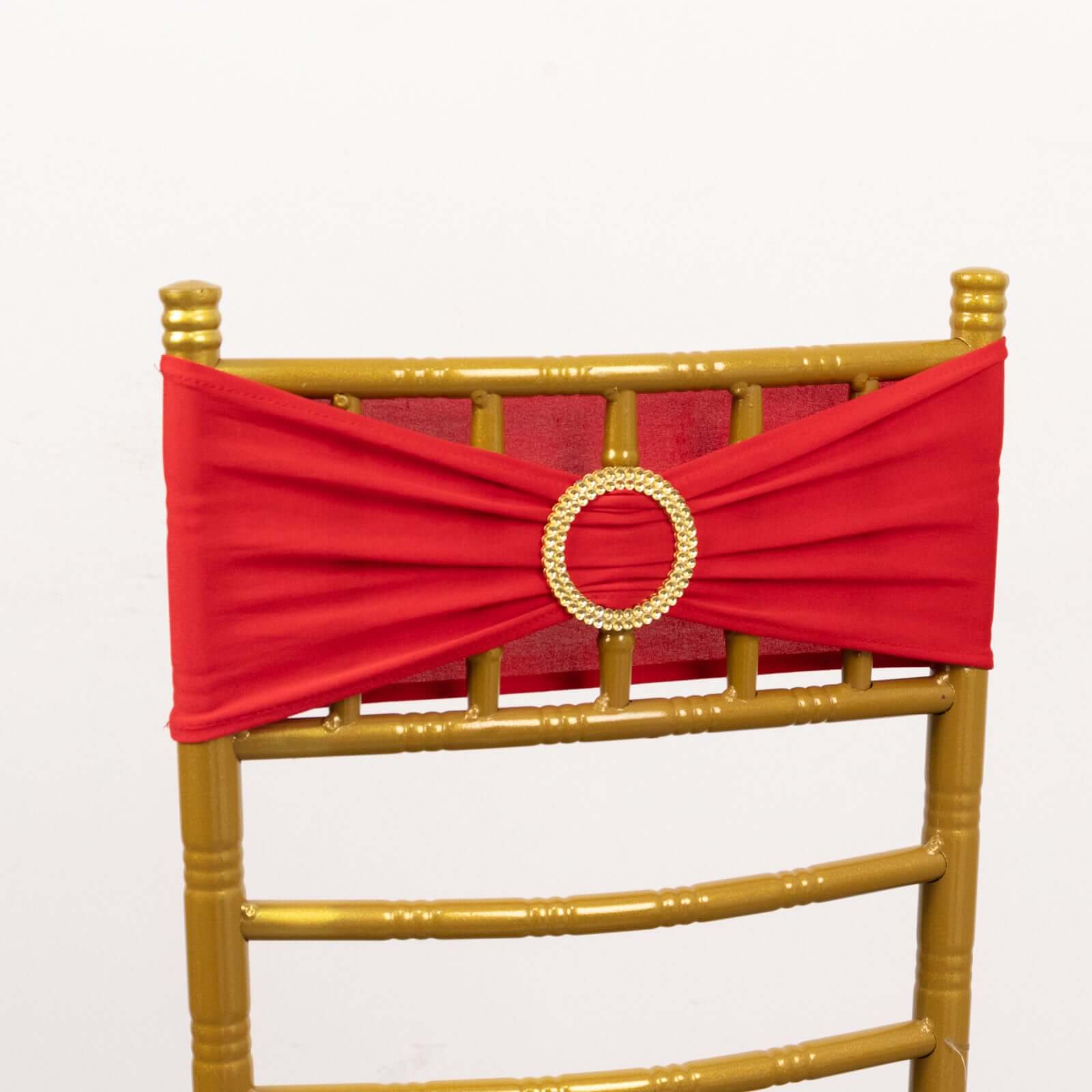 Set of 5 Reusable Red Spandex Chair Sashes with Gold Rhinestone Plastic Buckles, 5x14