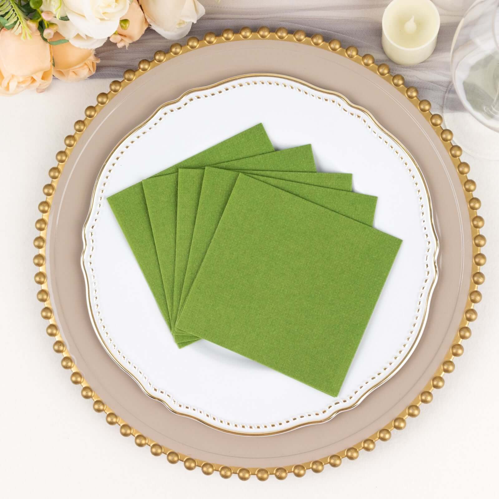 Great Deal! 20-Pack 5x5 Olive Green Airlaid Cocktail Napkins with Linen-Like Feel and High Absorbency