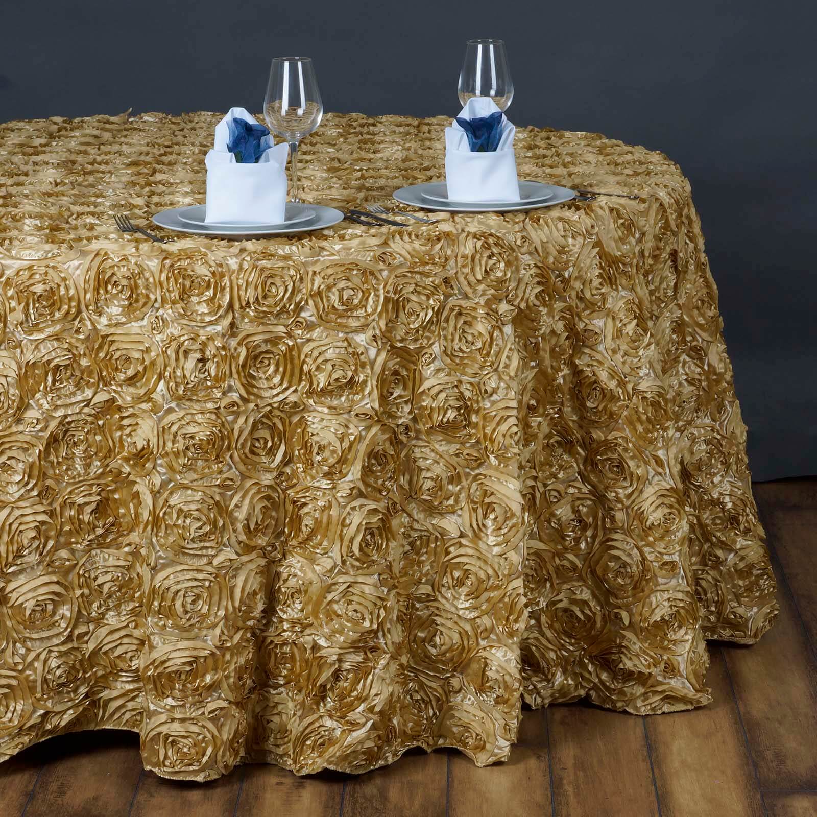 Hot Sale! Champagne Satin 132-Inch Round Tablecloth with Seamless 3D Rosette Design