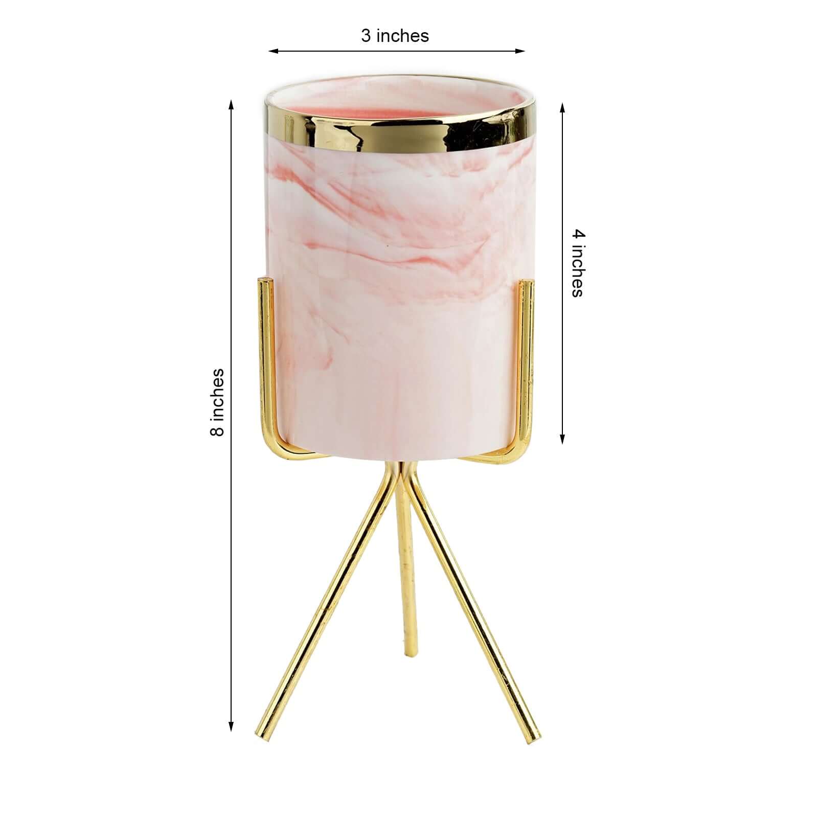 8-Inch Decorative Gold-Rimmed Pink Marble Ceramic Planter with Gold Metal Stand