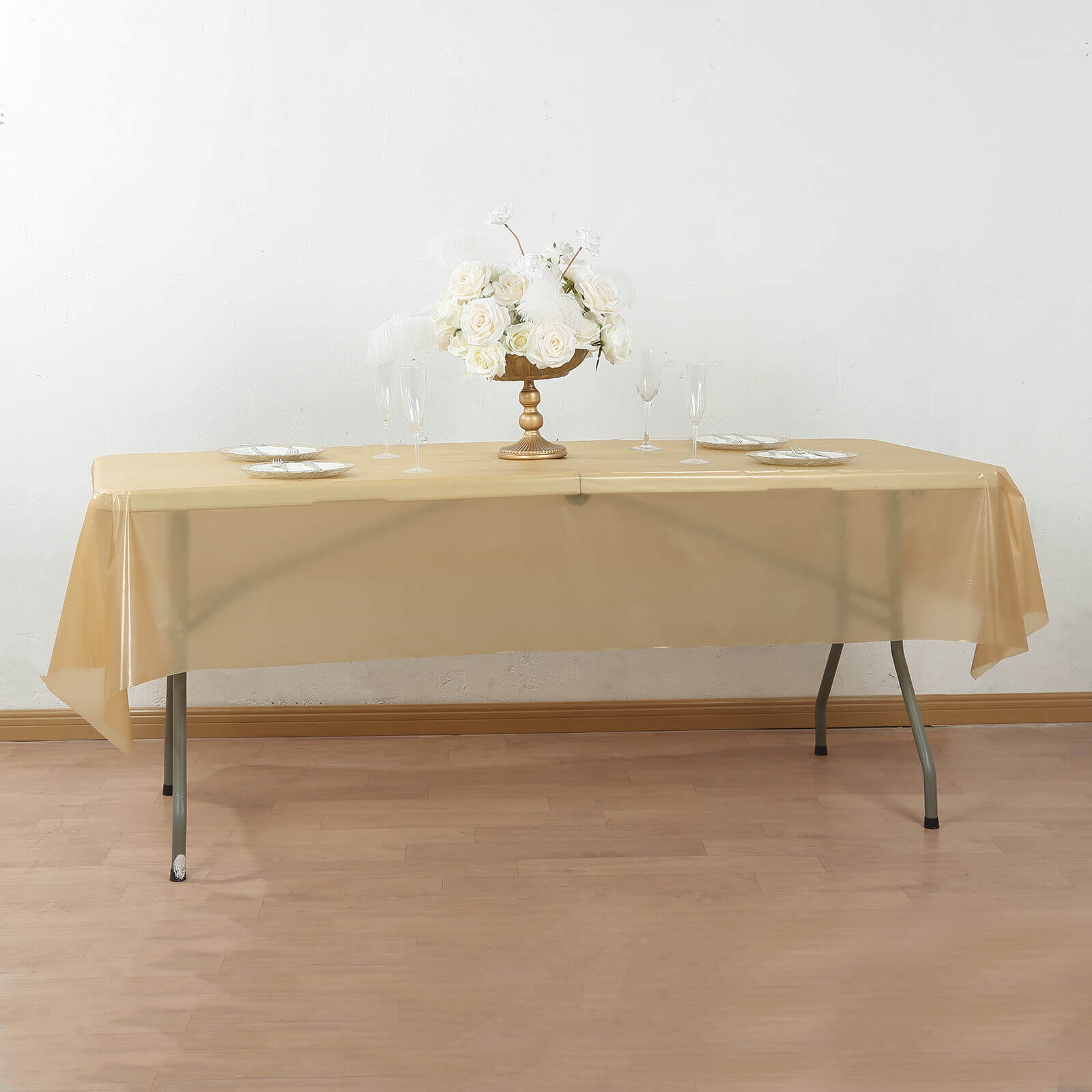 Customizable Gold Plastic Table Cover Roll with Slide Cutter - Great for Events!