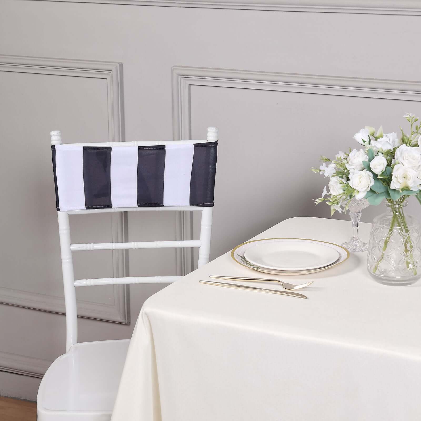 5-Pack Black/White Vertical Striped Spandex Chair Sashes - Wrinkle-Free & Easy to Use for Stunning Decor