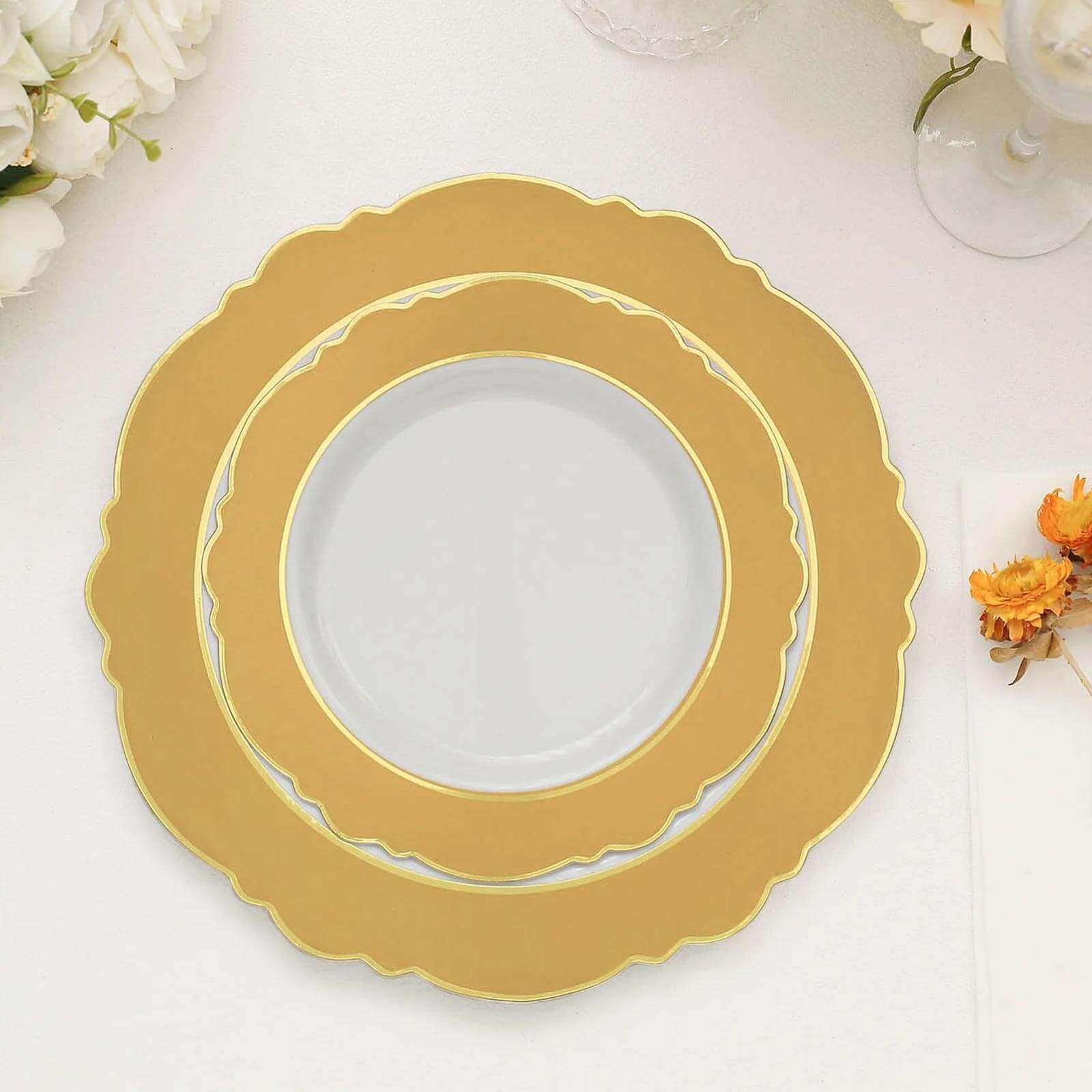 10-Pack Disposable White Plastic Dessert Plates with Gold Blossom & Edging for Elegant Table Decor