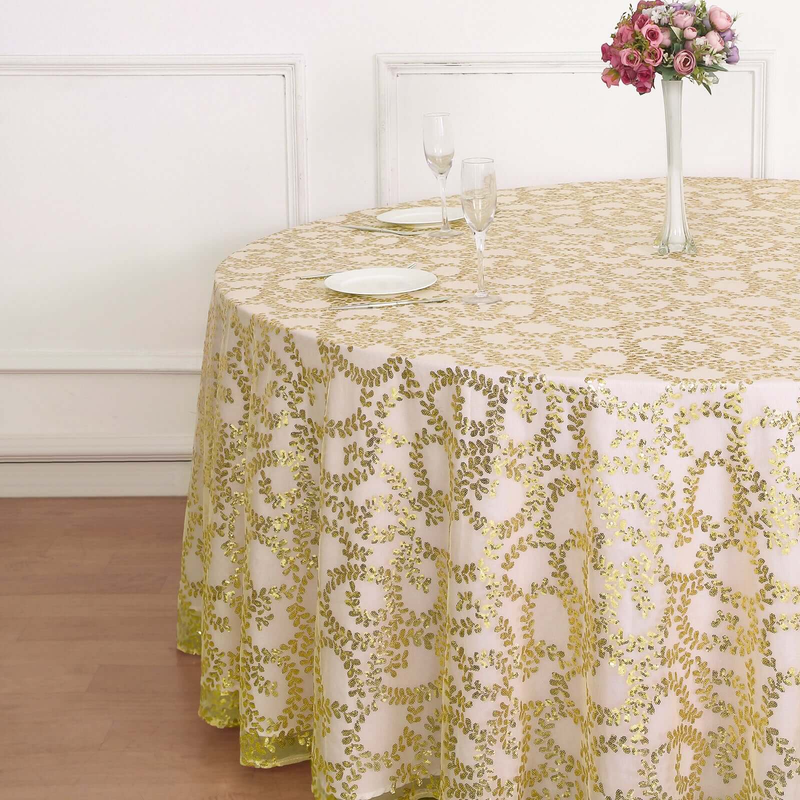 Gold Seamless Sequin Leaf Embroidered 120 Round Tulle Tablecloth for Elegant Events