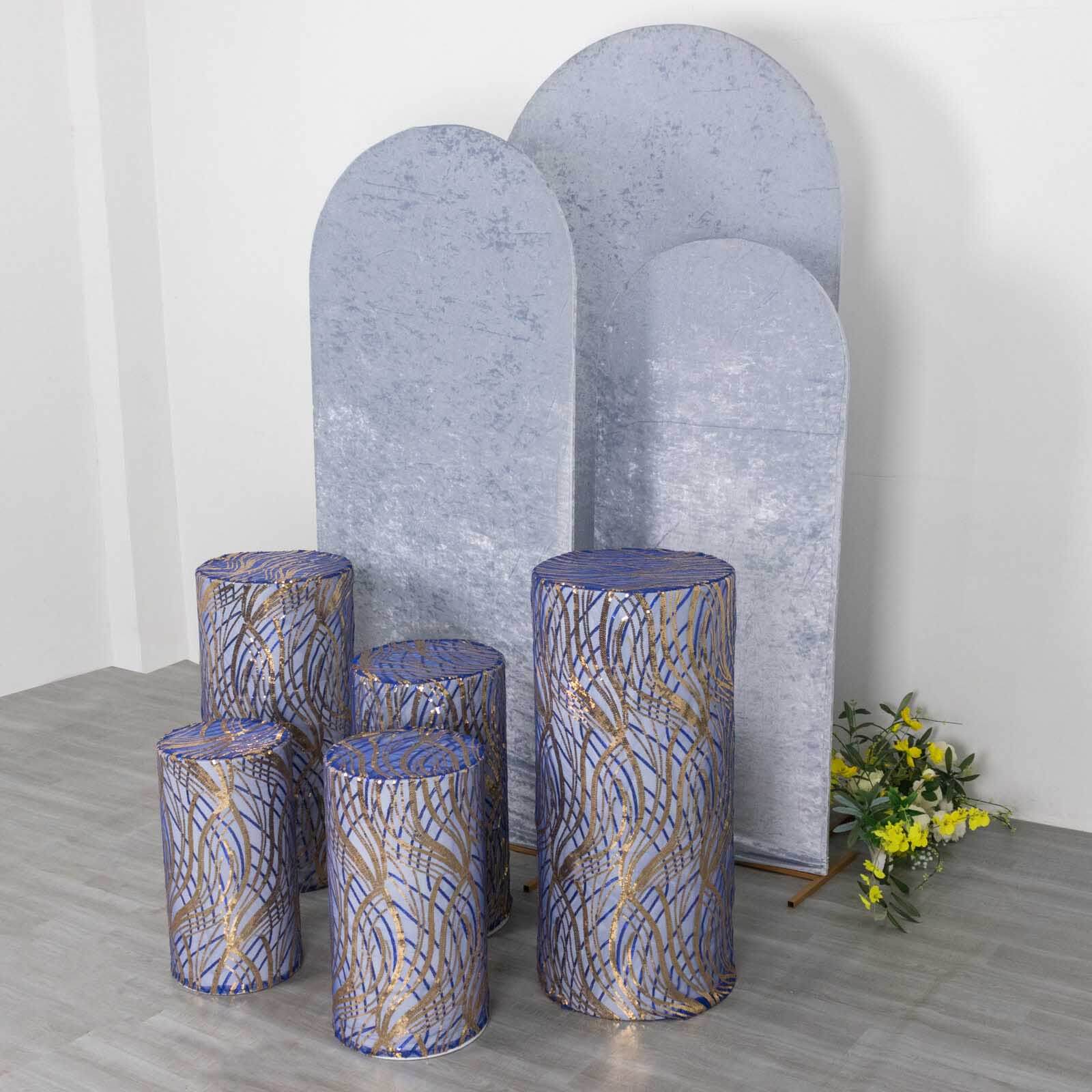 Hot Sale! Set of 5 Royal Blue Sequin Mesh Cylinder Pedestal Stand Covers with Wave Pattern