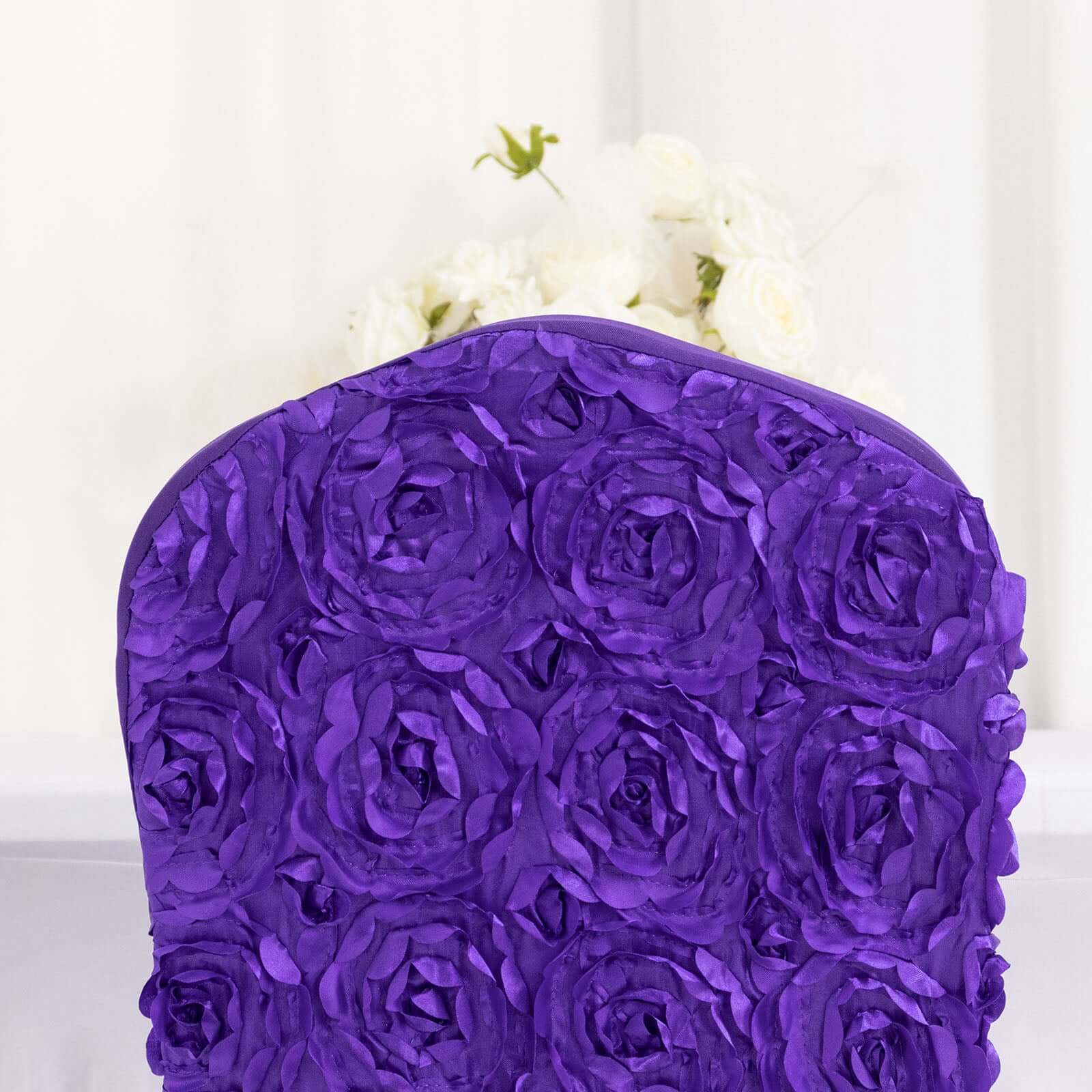 Purple Satin Rosette Stretch Slip-On Chair Cover for Banquets - Elegant & Durable
