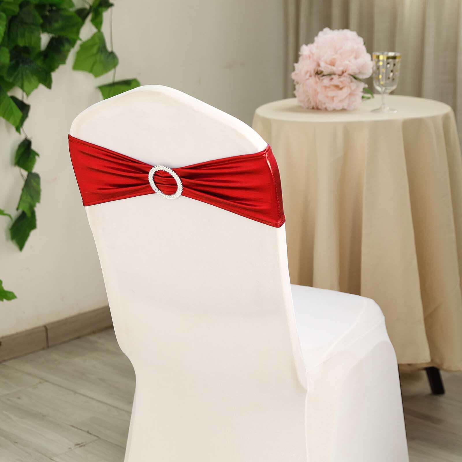 5-Pack Metallic Red Spandex Chair Sashes with Round Diamond Buckles - Stretch Fit for Parties