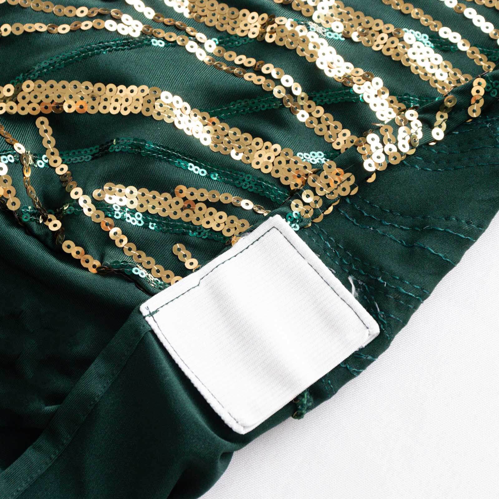 Sparkling Hunter Emerald Green/Gold Spandex Banquet Chair Covers with Wave Embroidered Sequins - Stretch Fitted Slipcovers
