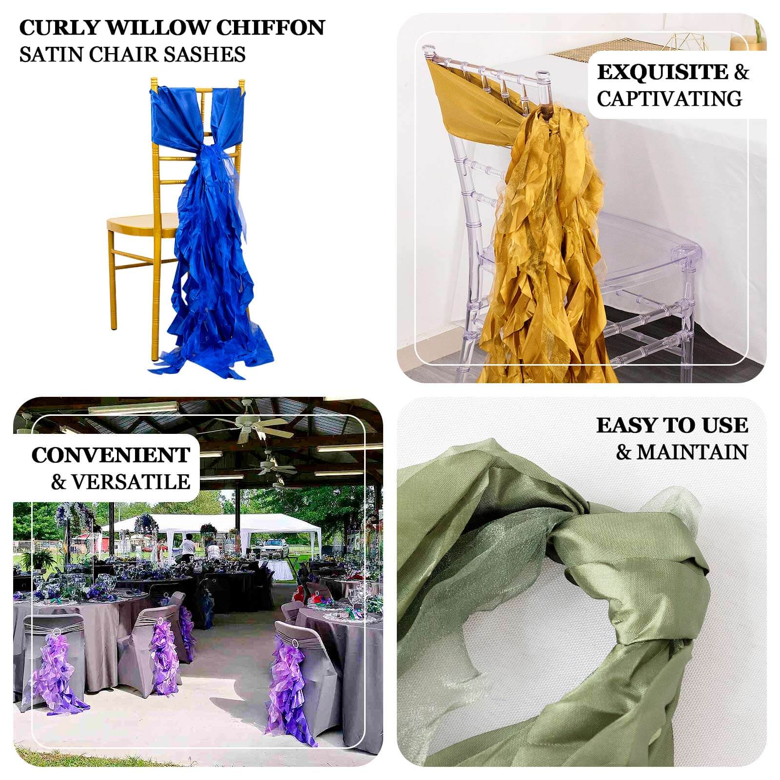 5-Piece Set of Dusty Sage Green Chiffon Satin Chair Sashes - Easy Install for Events