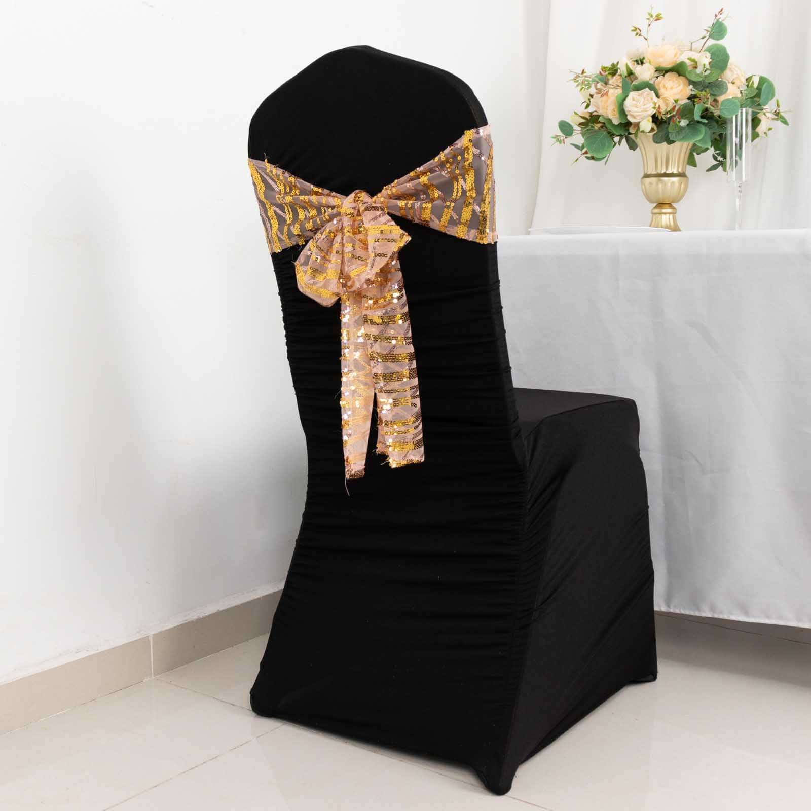 5-Piece Set of Rose Gold/Gold Chair Sashes with Sparkling Wave Embroidered Sequins, 6x88