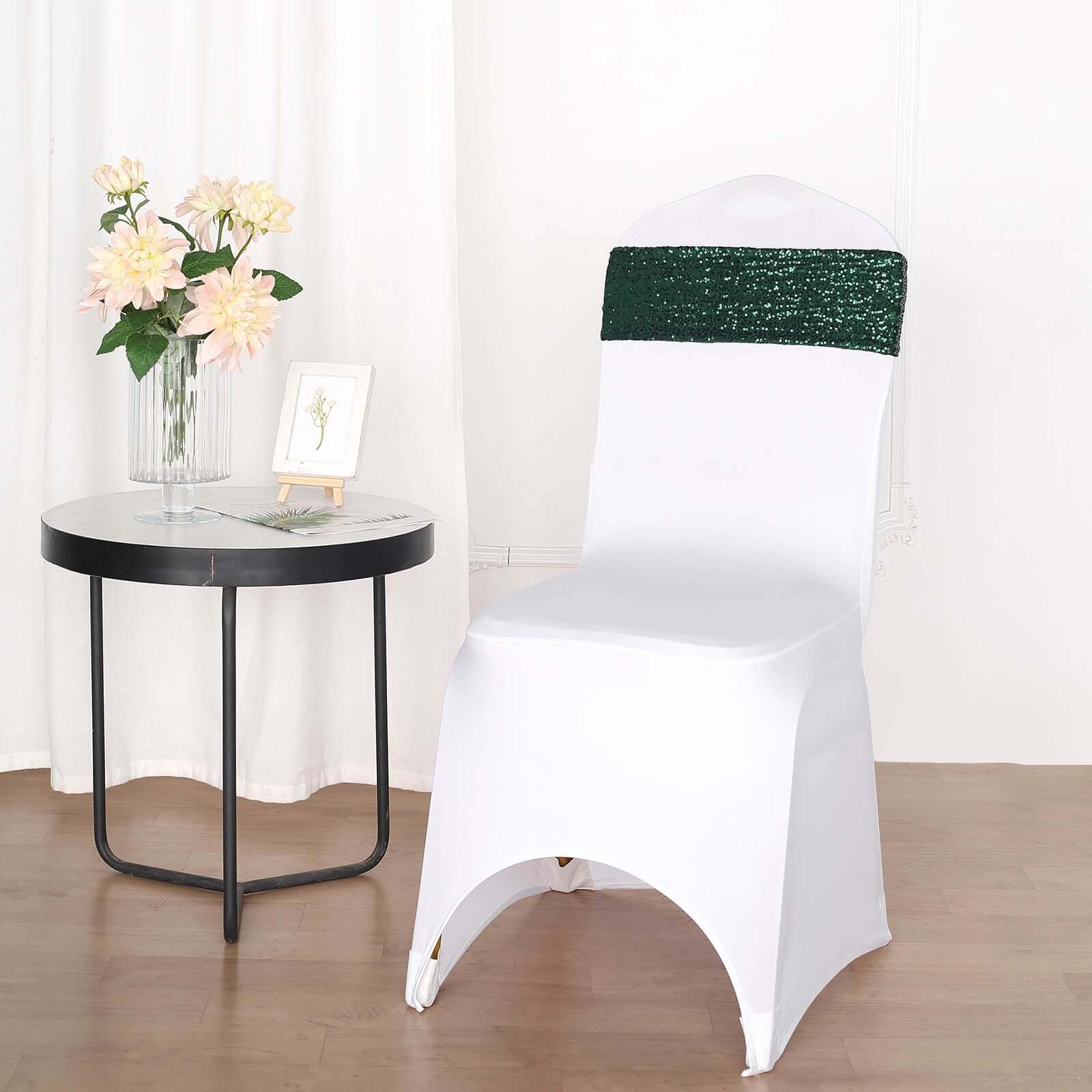 Special Offer: 5-Piece Set of Hunter Emerald Green Sequin Spandex Stretch Chair Bands (6x15 Inches)