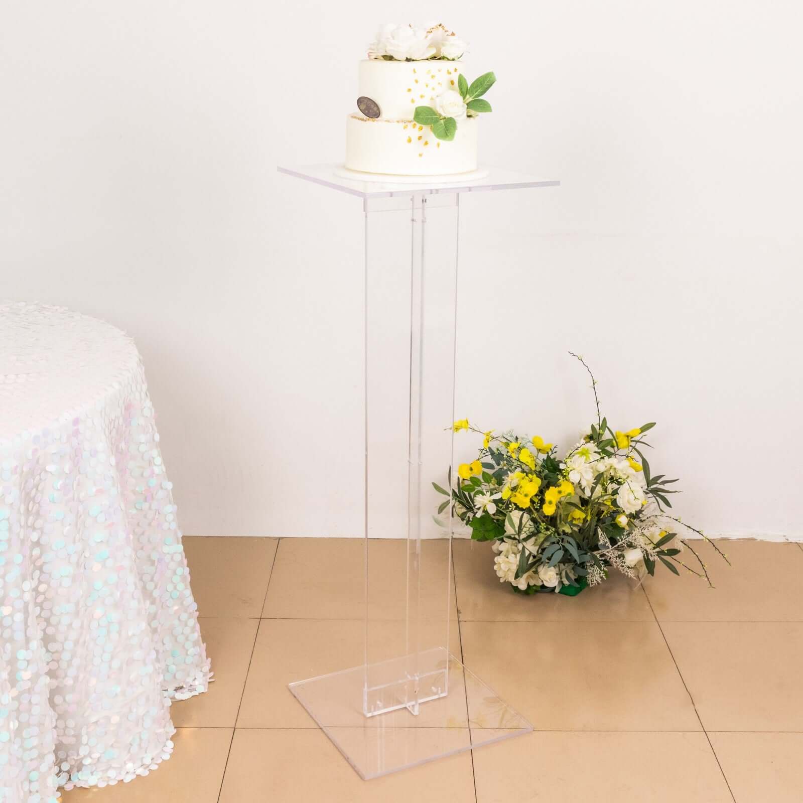 Clear Acrylic Flower Pedestal Display Stand with Square Bases - 10mm Thick, 32" Tall