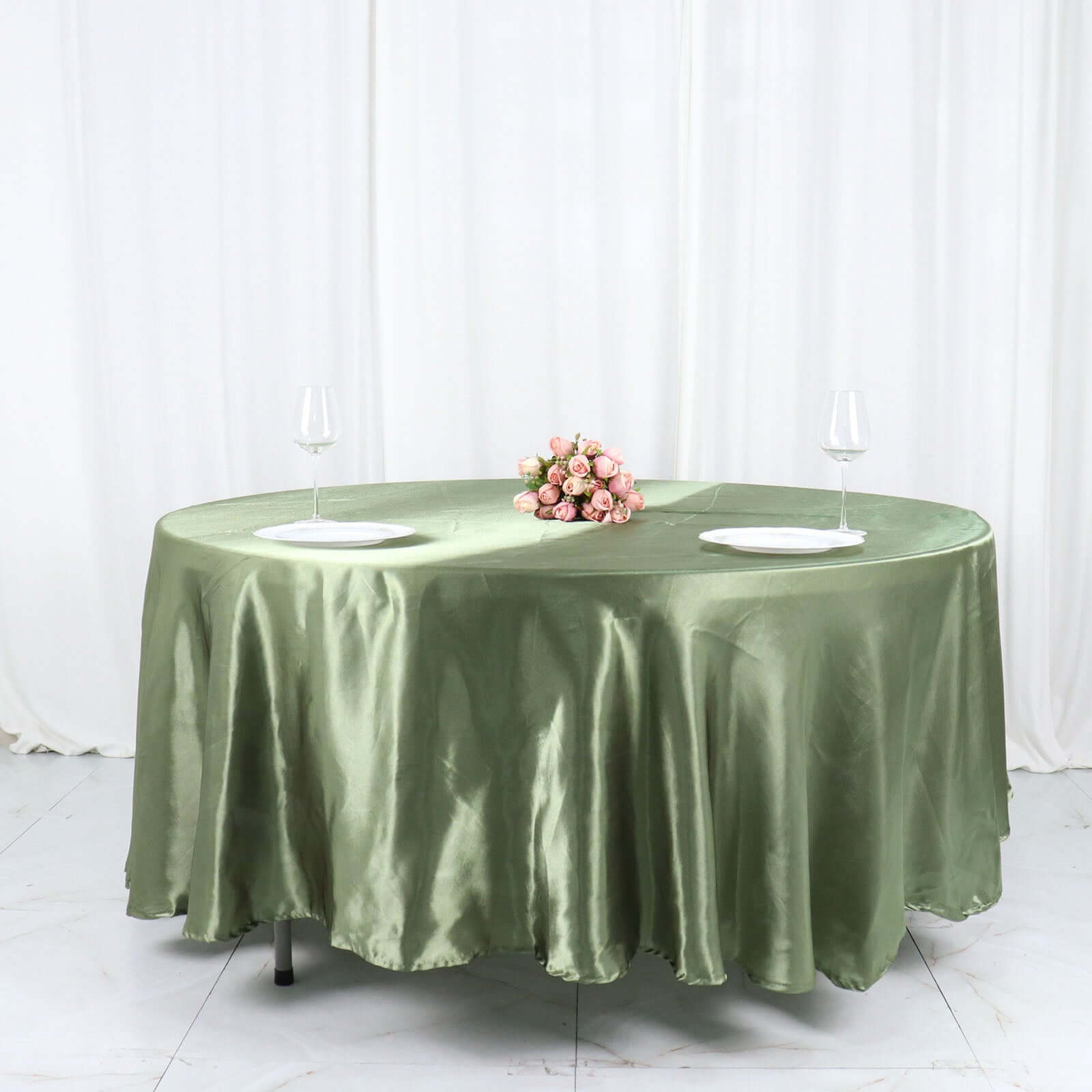 Lustrous Dusty Sage Green Satin Round Tablecloth, 108-Inch Diameter