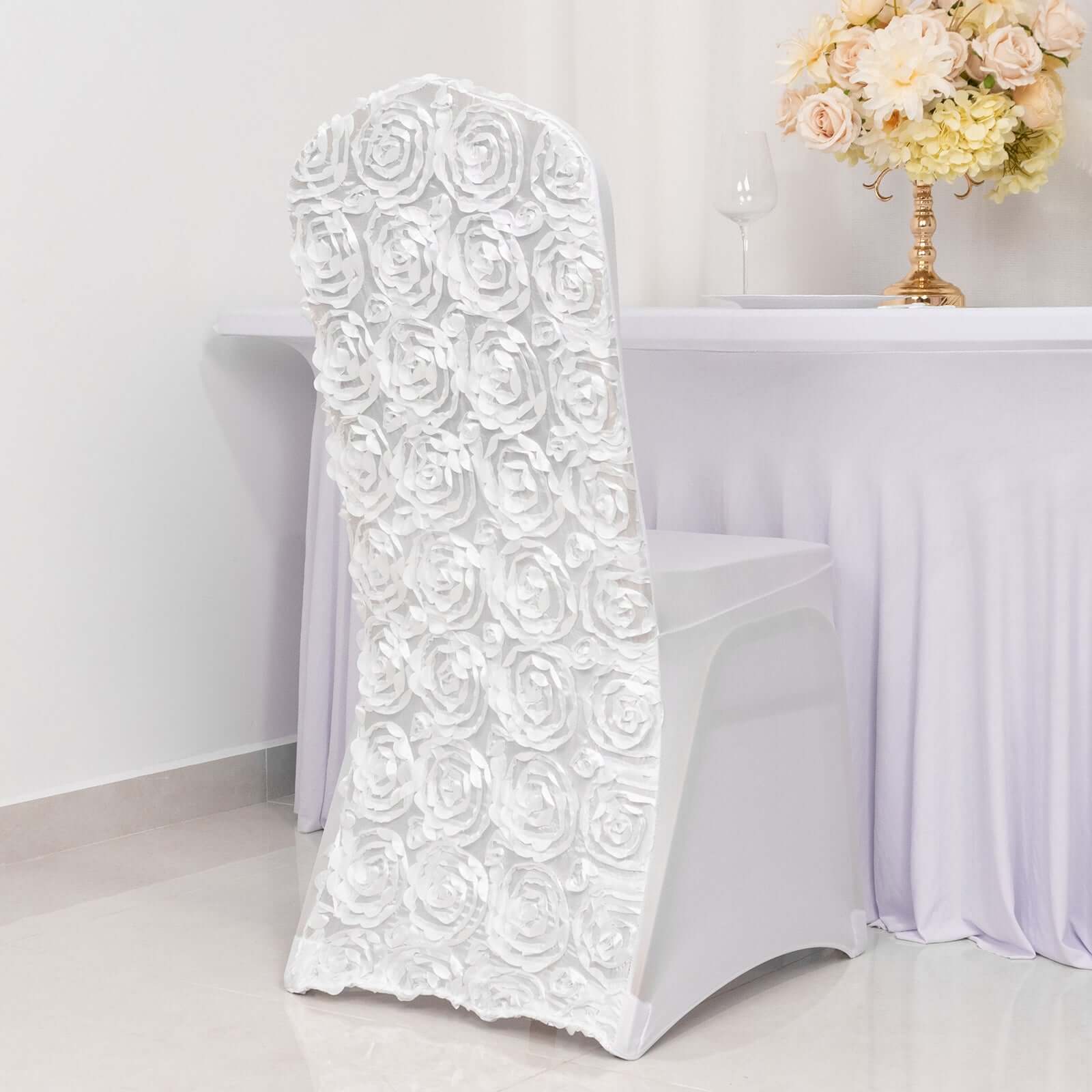 Hot Deal! White Satin Rosette Stretch Chair Covers for Banquet Chairs - Ideal for Elegant Gatherings