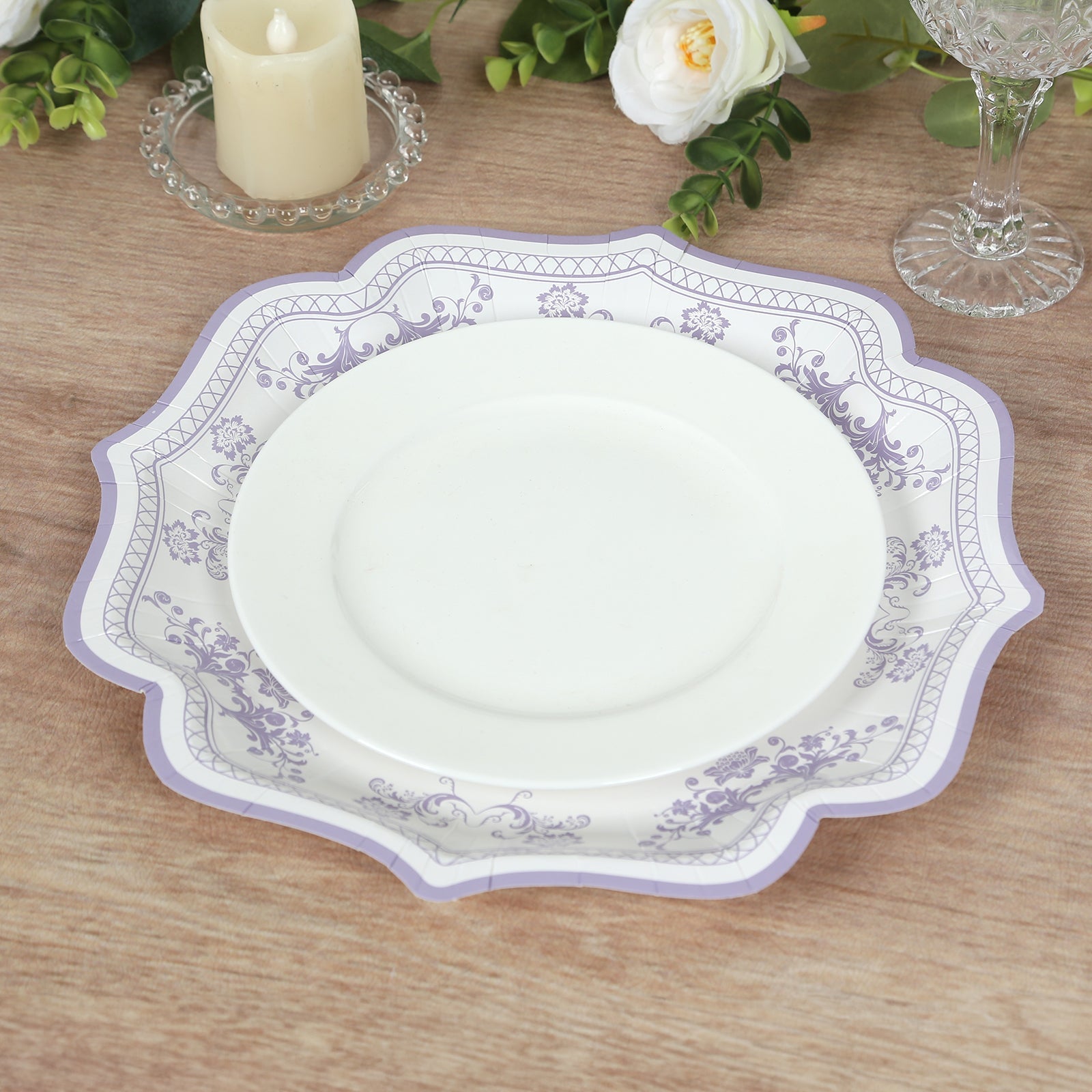 Hot Deal! 25-Pack White & Lavender Lilac Damask Floral Scallop Rim Disposable Paper Dessert Plates (8.5')