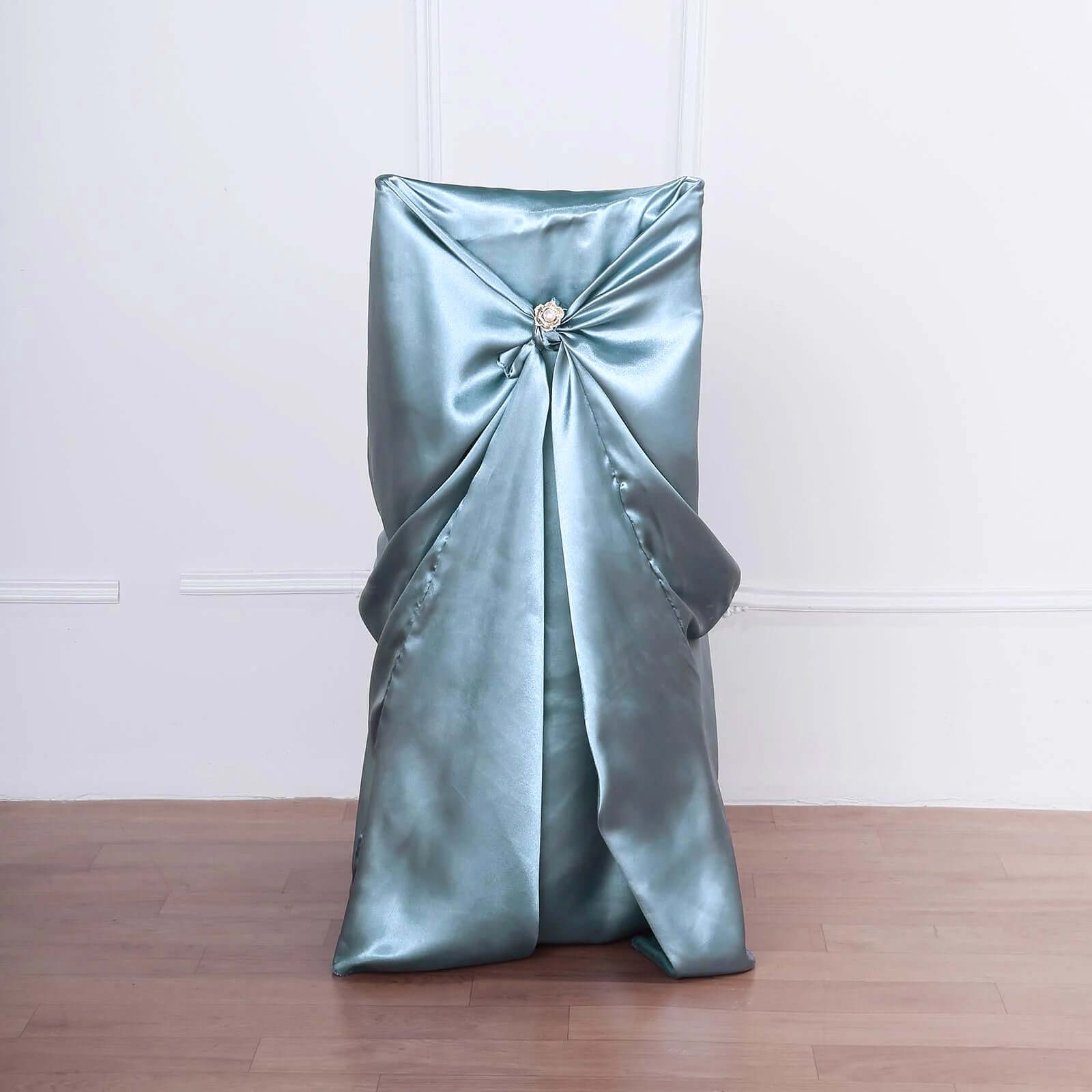 Dusty Blue Satin Self-Tie Chair Cover - Universal Slip-On for Folding, Dining & Banquet Chairs