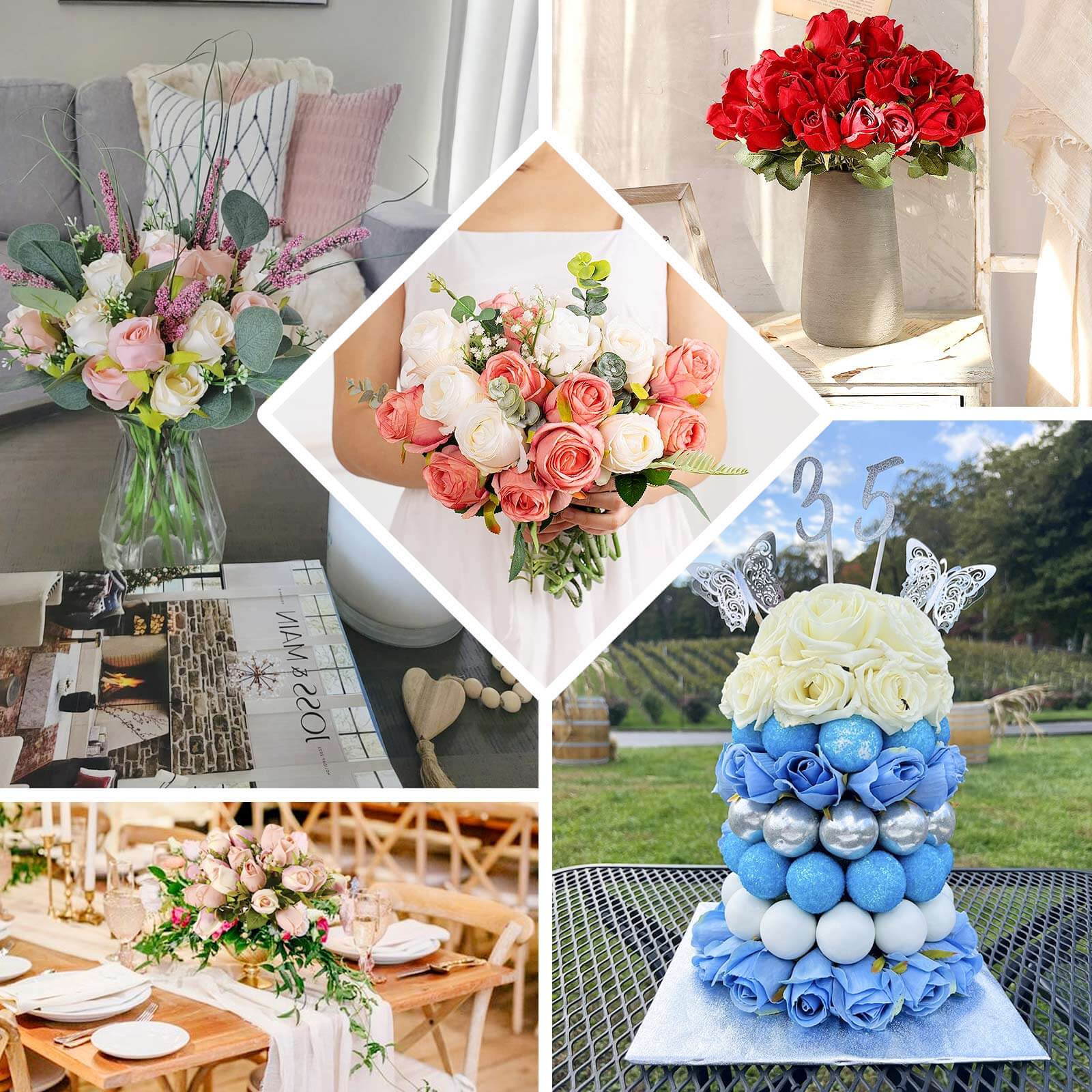 Hot Deal! 3-Pack 13" Dusty Blue Real Touch Silk Rose Bud Bridal Bouquets