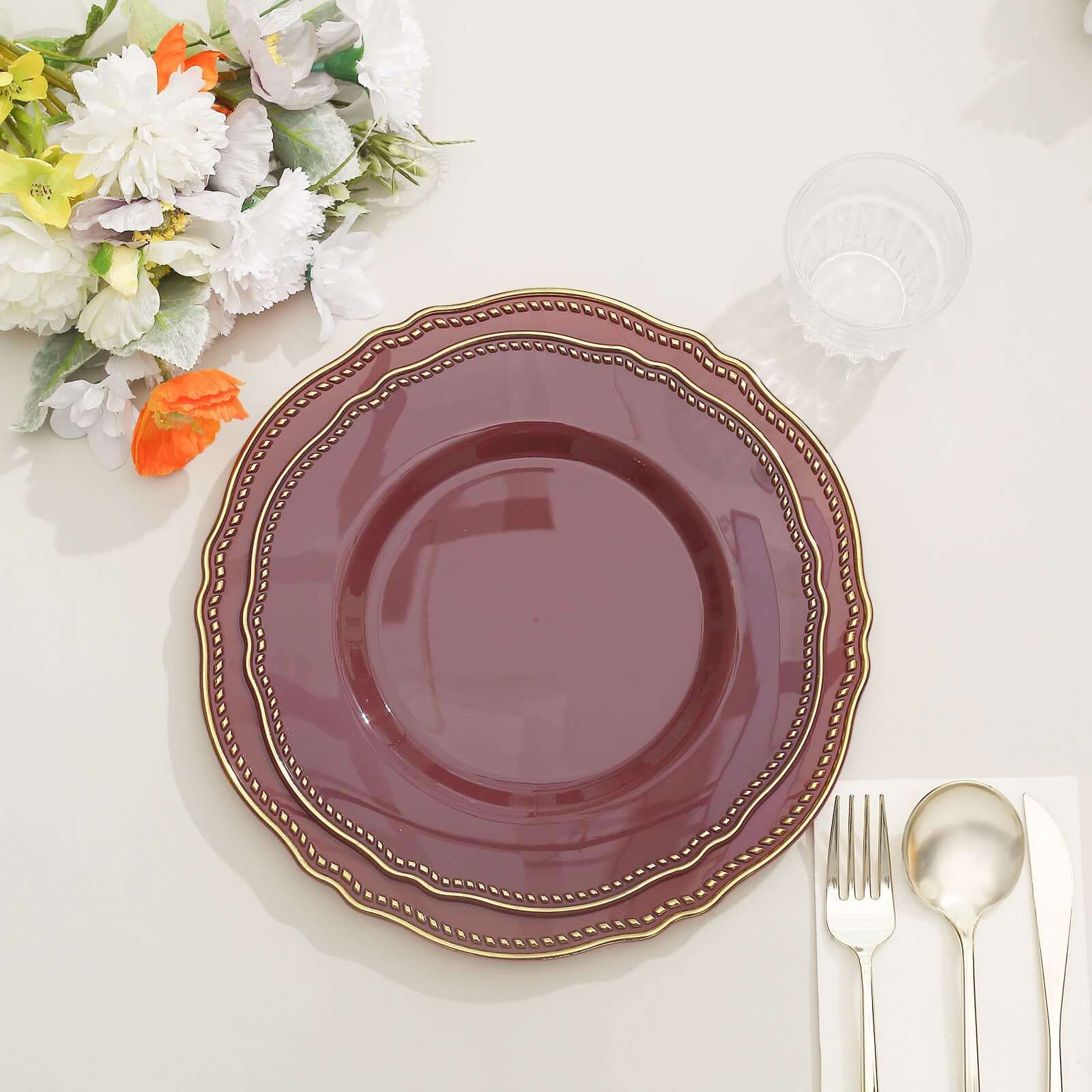 Hot Deal! 10-Pack 9" Disposable Plastic Dinner Plates in Cinnamon Rose with Gold Rim