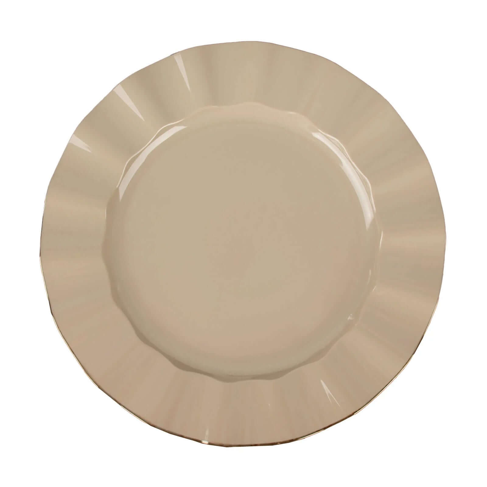Hot Deal! 10-Pack 9" Taupe Plastic Round Dinner Plates with Gold Ruffled Edges - Sturdy Disposable