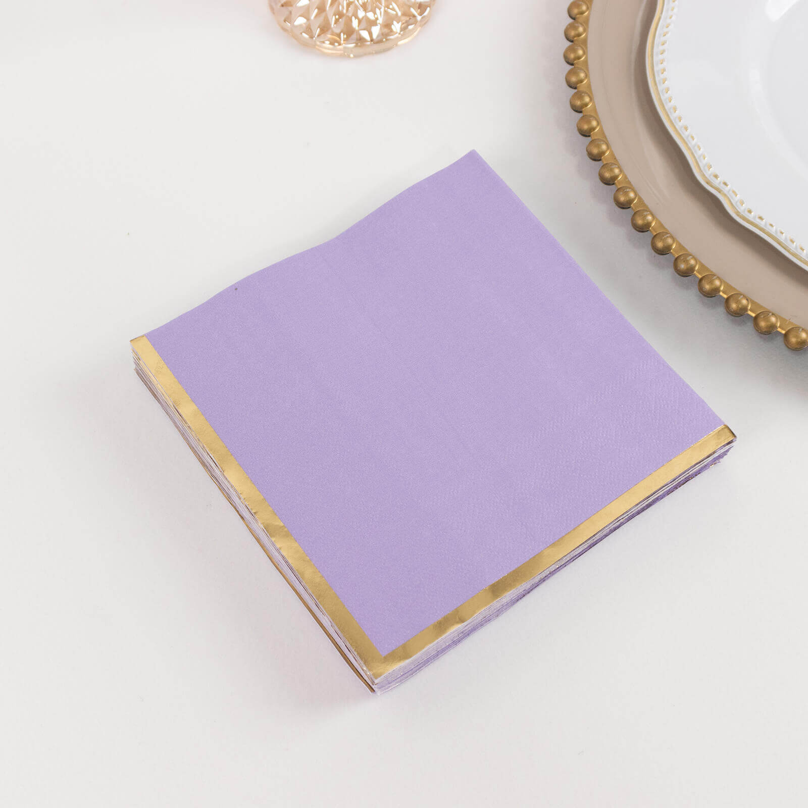 Hot Deal! 50-Pack Disposable 2-Ply Lavender Cocktail Paper Napkins with Gold Foil Edge, 6.5x6.5 for Events