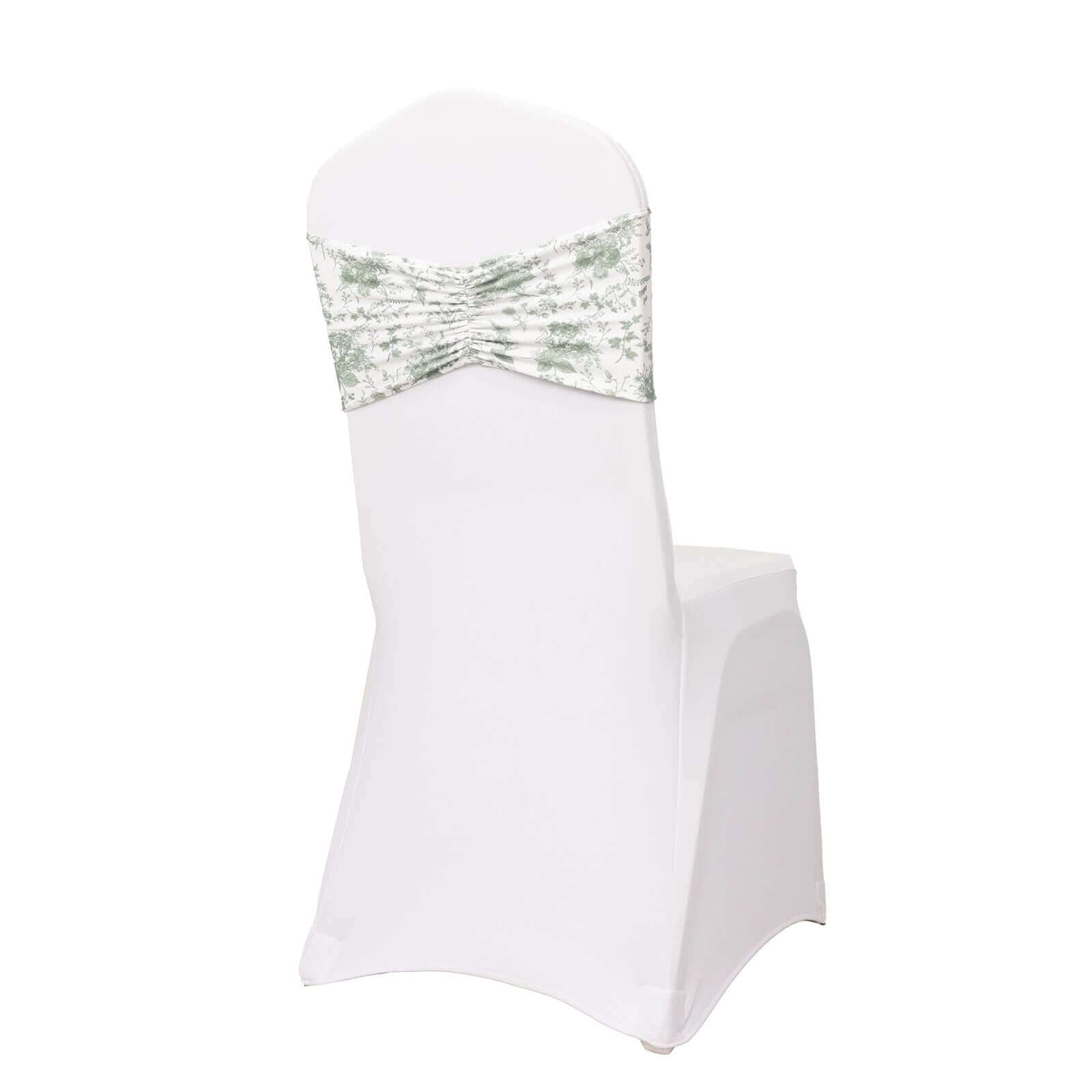 Hot Deal! 5-Pack Wrinkle-Free Spandex Chair Sashes in White and Dusty Sage Green with French Toile Floral Pattern