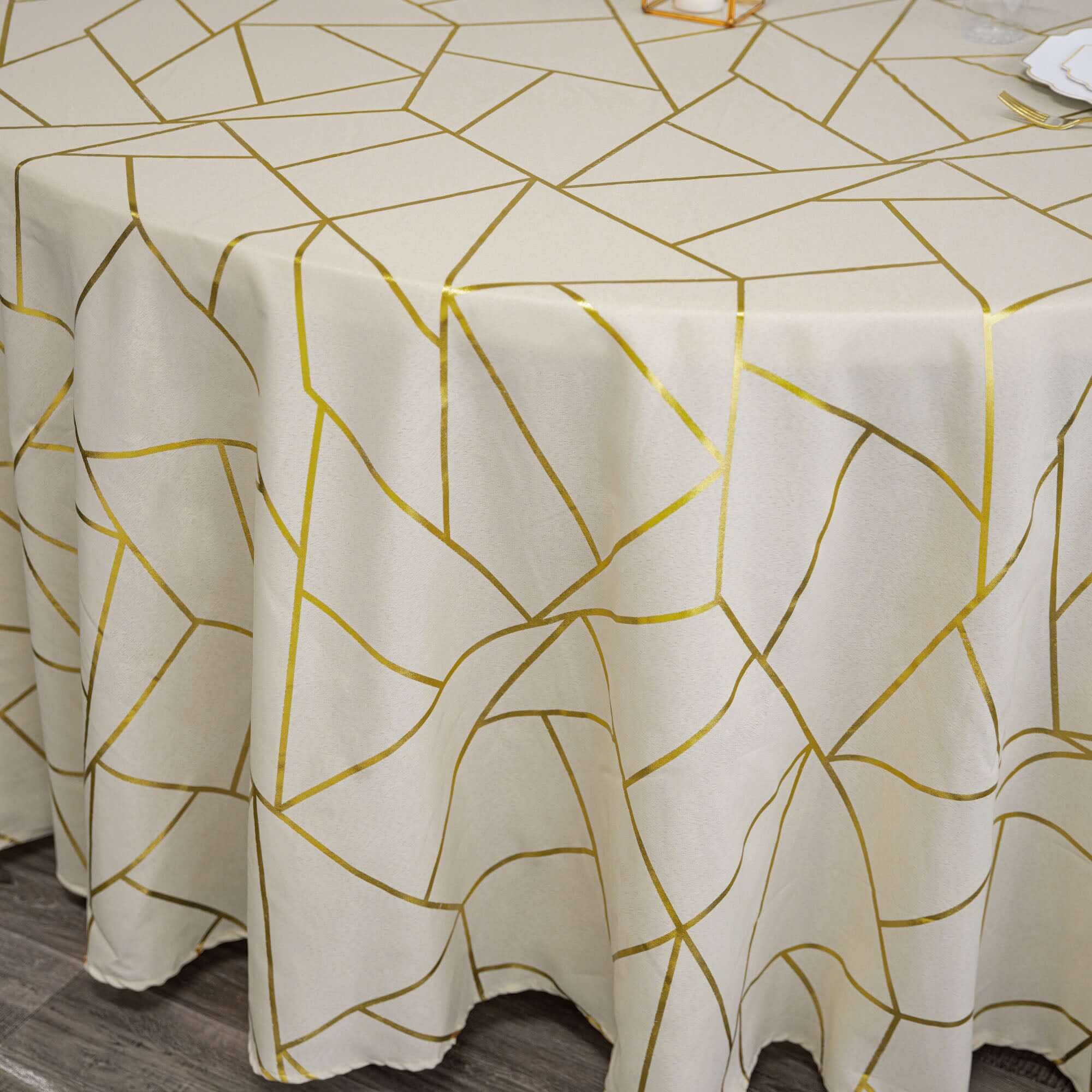 Exclusive Beige Polyester 120 Round Tablecloth with Gold Foil Geometric Pattern - Wrinkle-Resistant