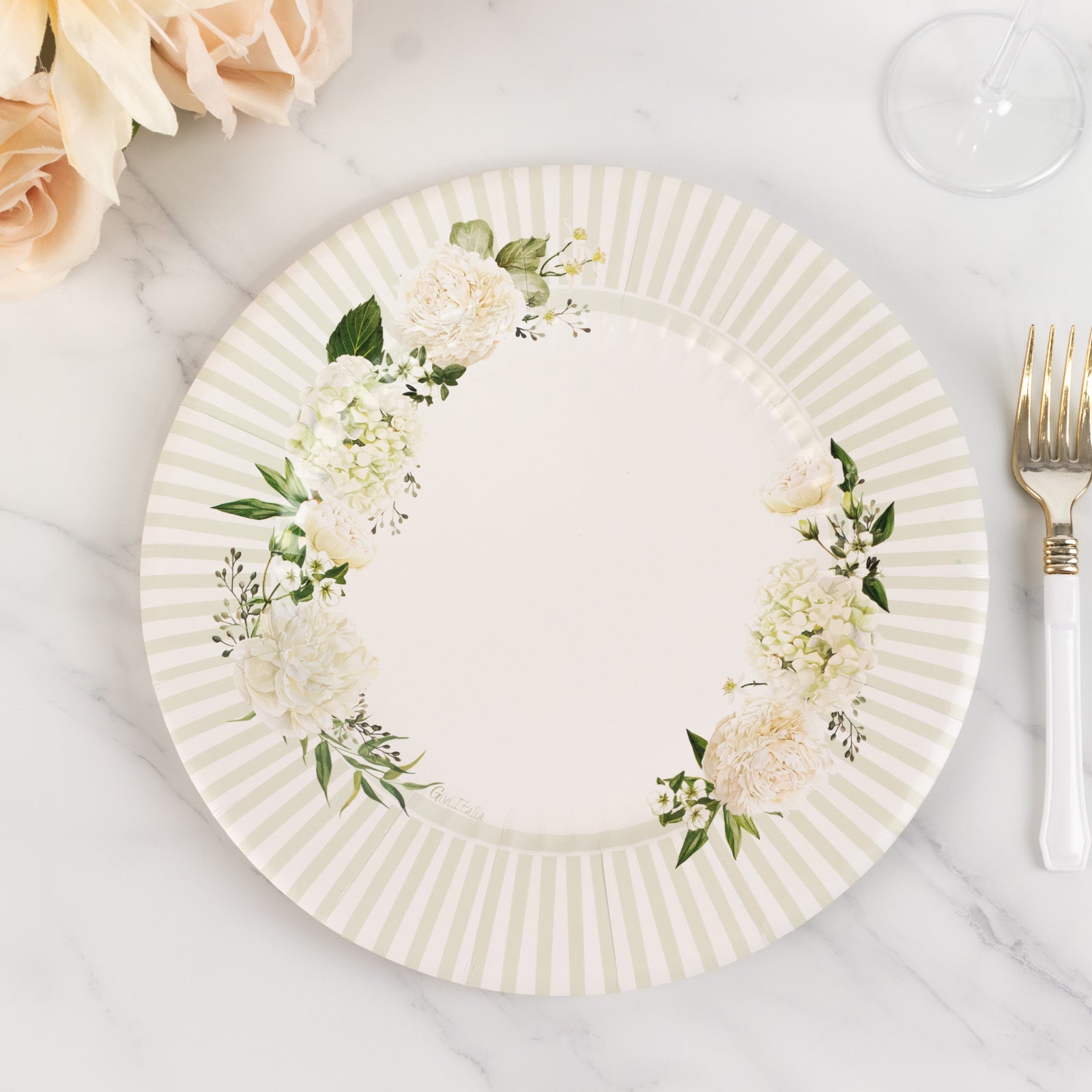 25-Piece Set of 10.5-Inch White Paper Dinner Plates with Sage Green Floral Design & Lined Edge - Ideal for Party Events