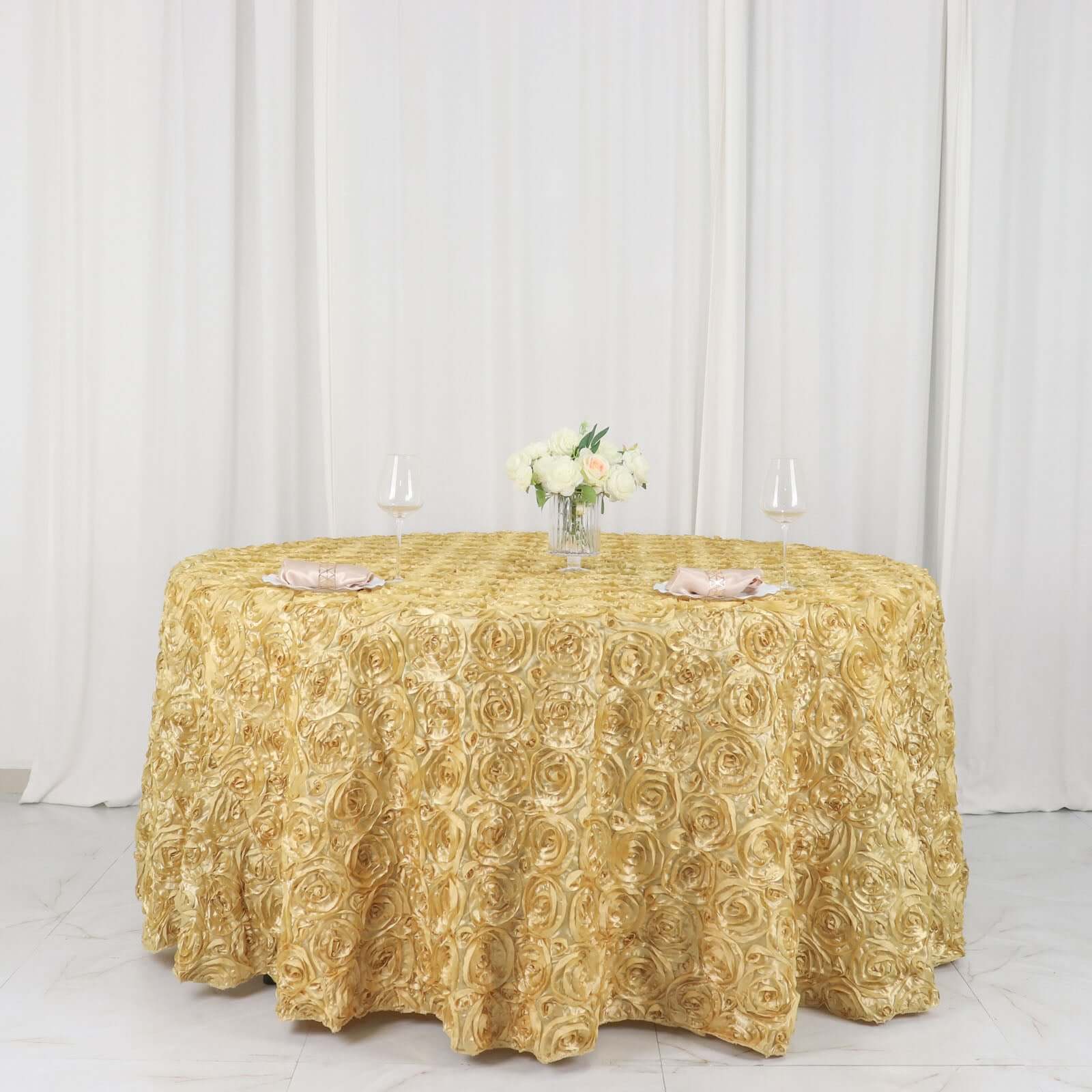 Champagne Satin 120-Inch Round Tablecloth with Stunning 3D Rosette and Seamless Finish