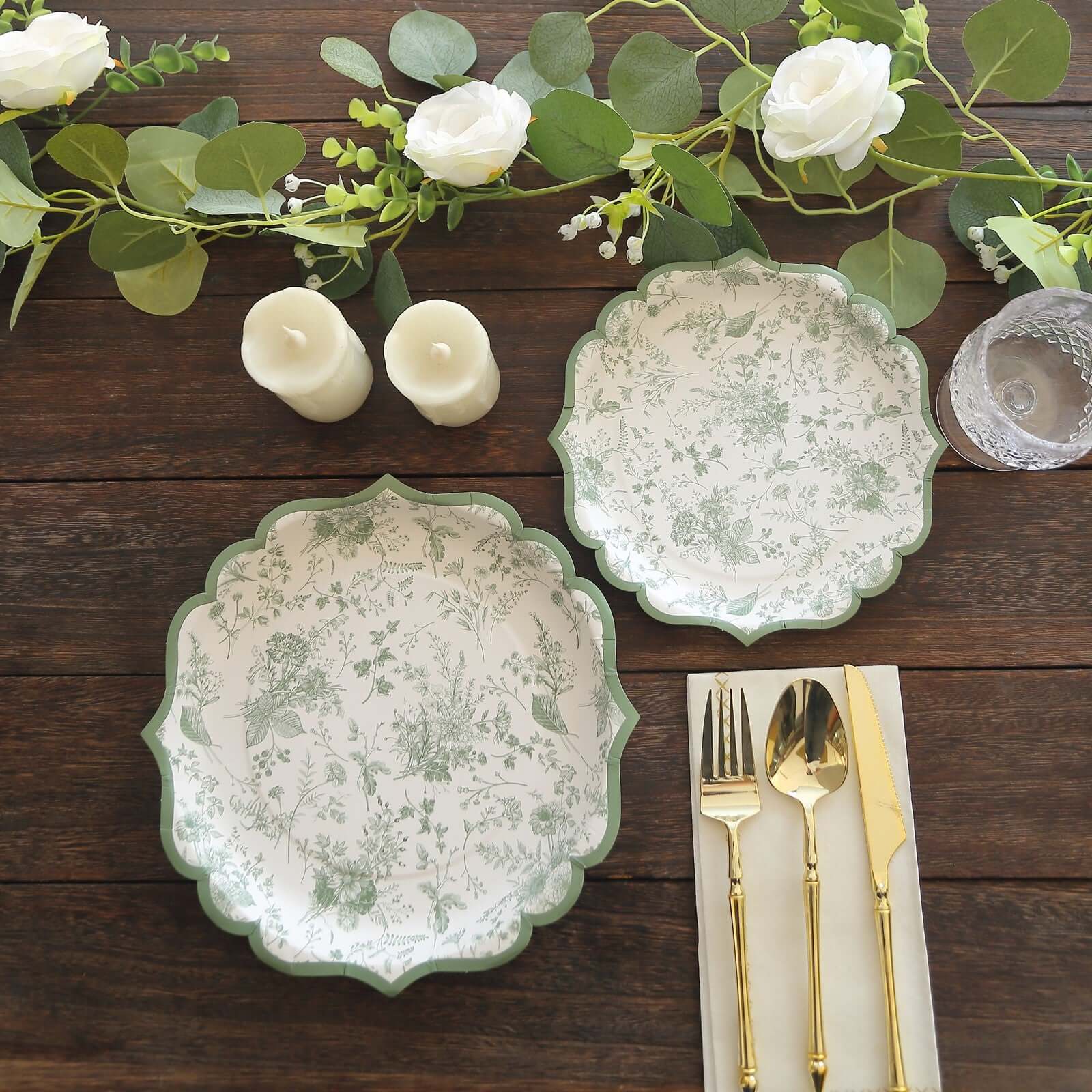 25-Piece Disposable White & Sage Green French Toile 8-Inch Round Dessert Plates for Stylish Tables