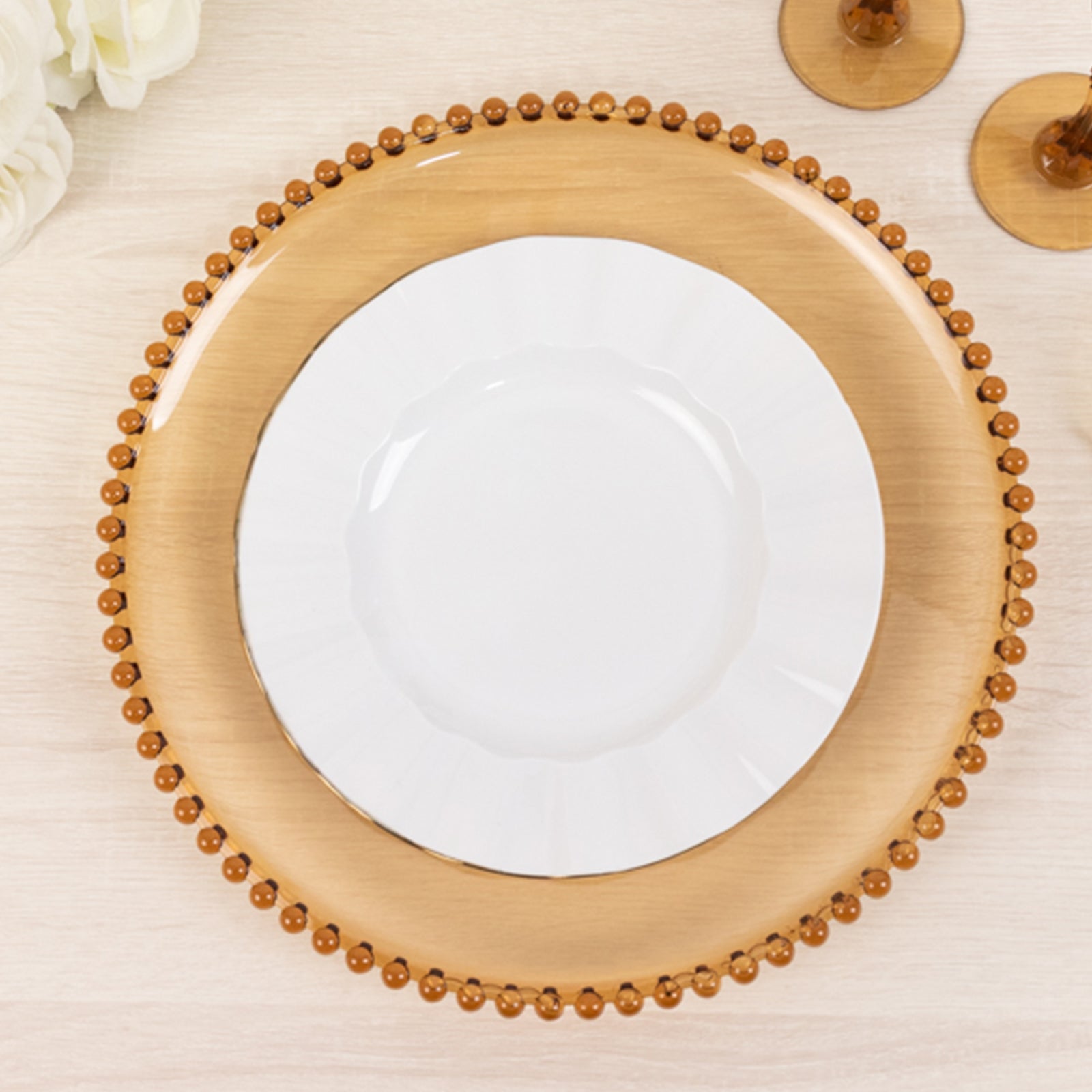 Set of 6 Acrylic Round 13-inch Amber Gold Charger Plates with Beaded Edging for Dinner Parties