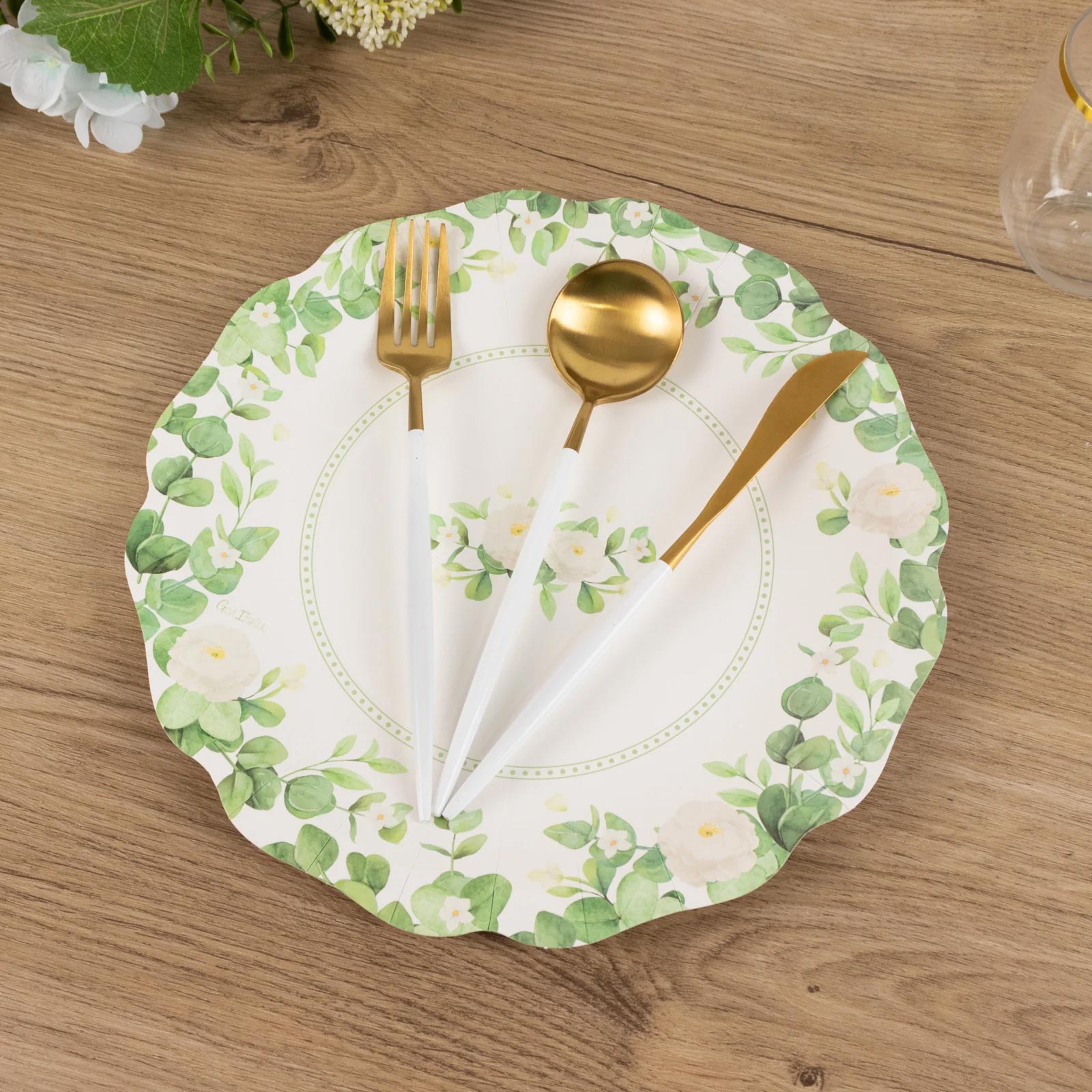 25-Pack White Floral Greenery Scalloped Edge Paper Dinner Plates - Ideal for Nature-Inspired & Chic Parties