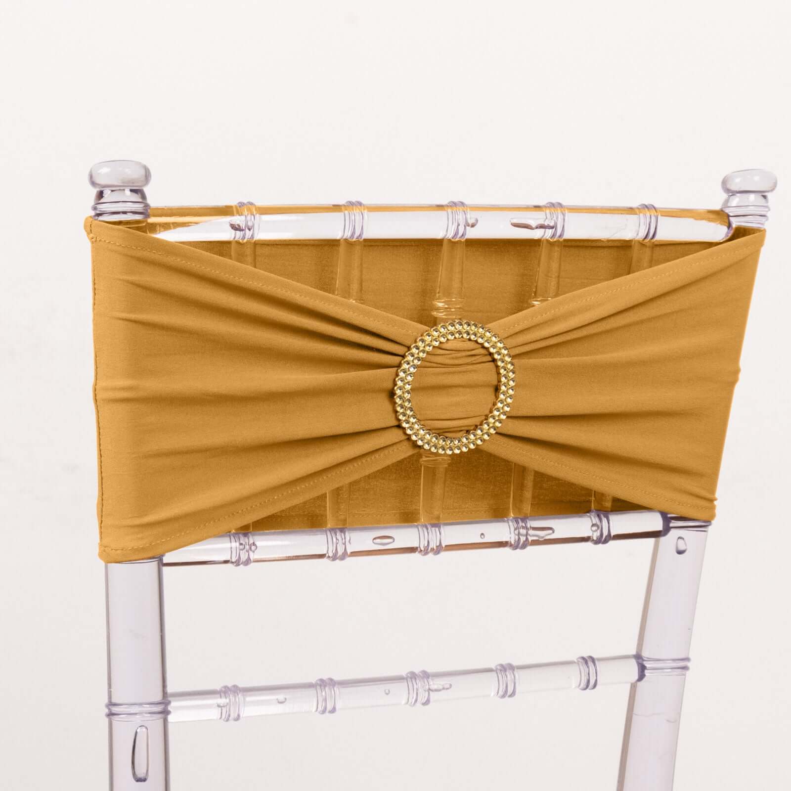 5-Piece Gold Spandex Chair Sashes with Sparkling Gold Rhinestone Buckles - Reusable 4-Way Stretch for Elegant Weddings and Parties