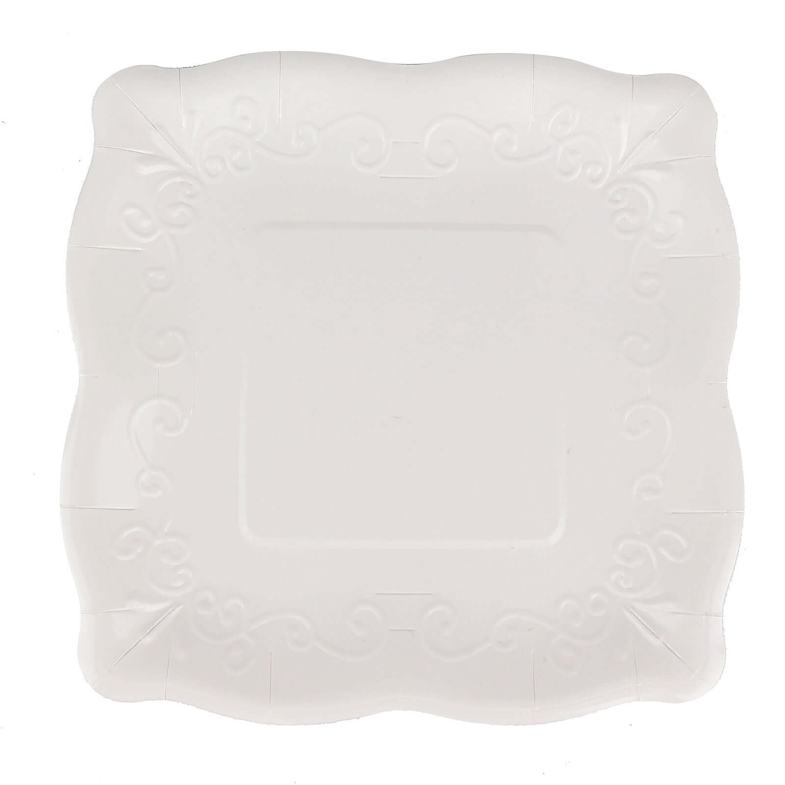 25-Pack Disposable White Square Dinner Plates with Vintage Pottery Embossed Design - Great Value!