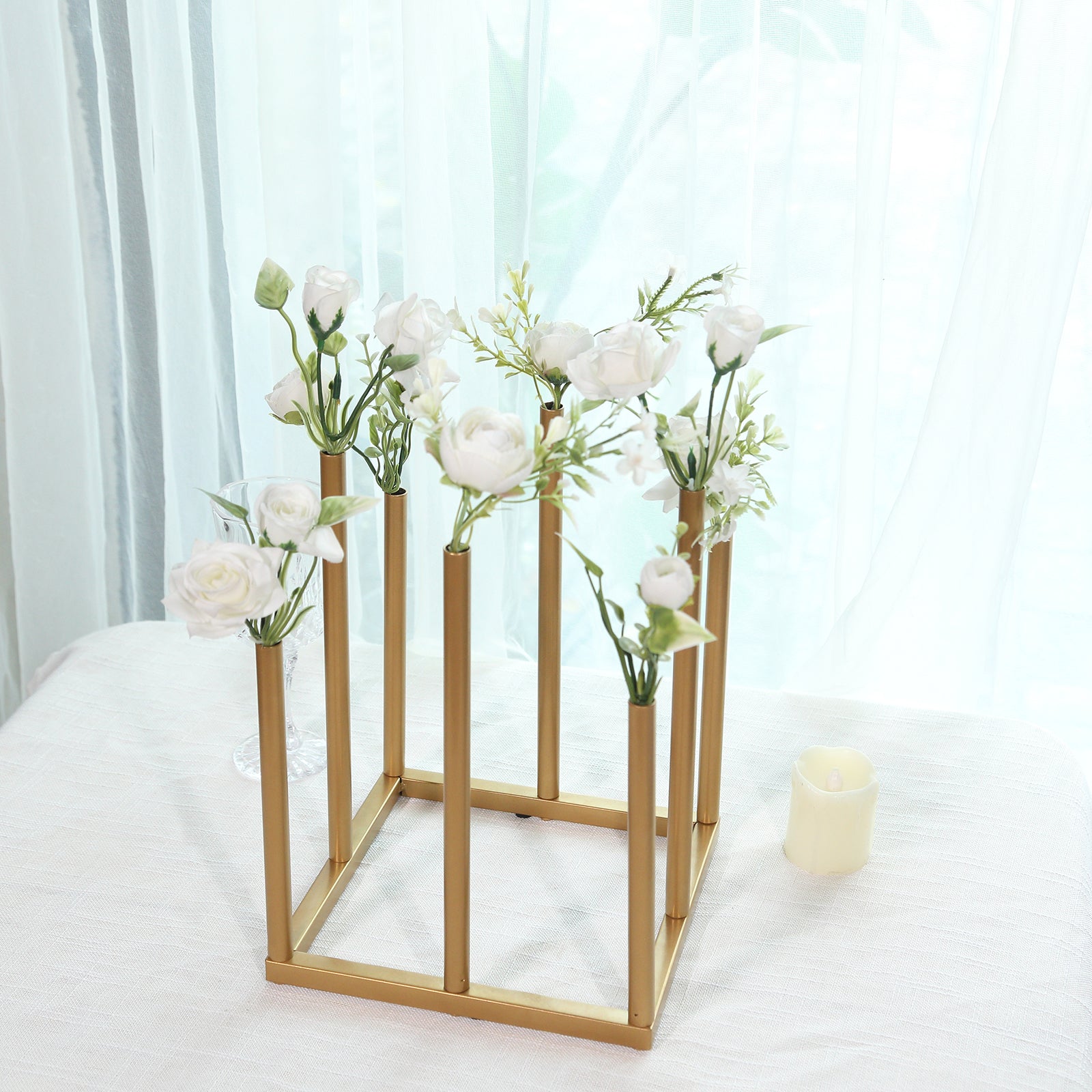 Single Stem Gold Metal Minimalist 8-Tube Flower Vase with Square Base, 10-Inch Tall