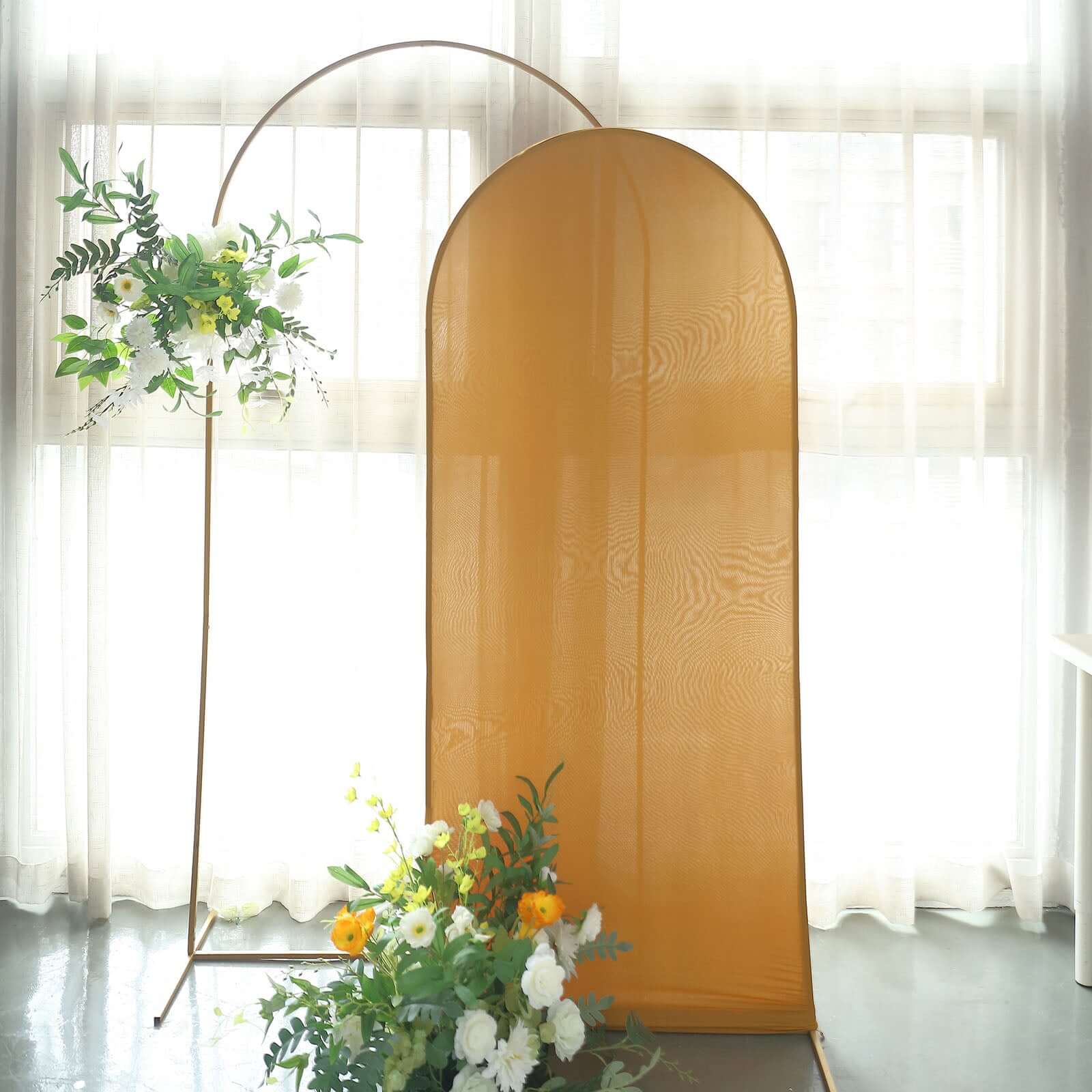 Exclusive 6ft Matte Gold Spandex Fitted Cover for Round Top Wedding Arch - Ideal Decor!