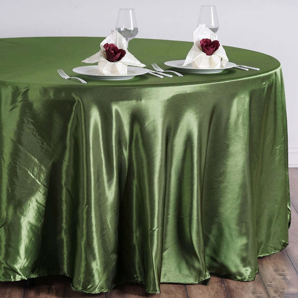 Olive Green Satin 108" Round Tablecloth - Lustrous & Wrinkle-Resistant