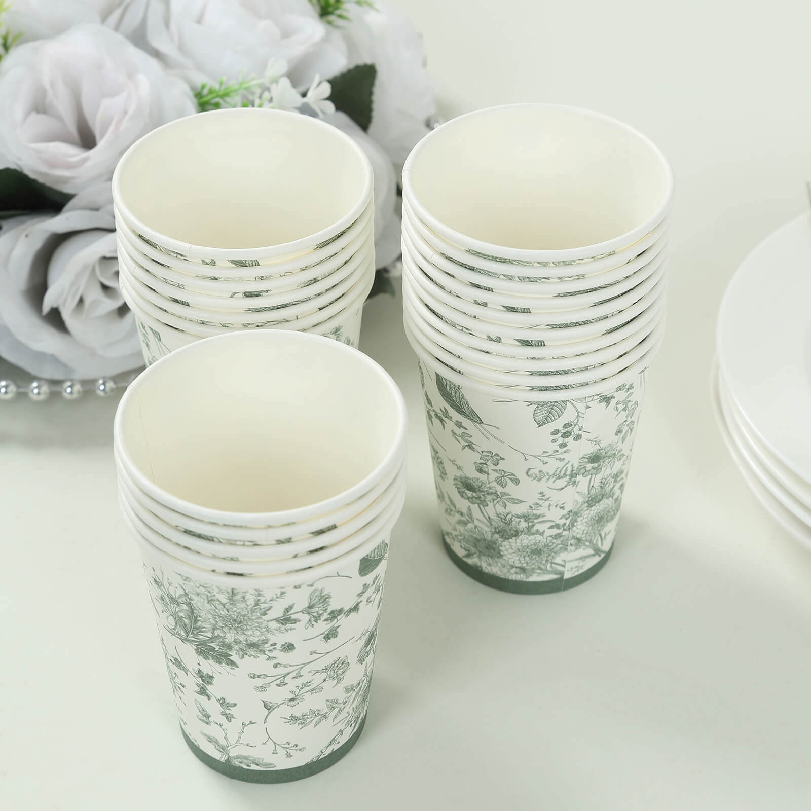 24-Piece 9oz Disposable Paper Party Cups in Elegant White & Sage Green French Toile Design