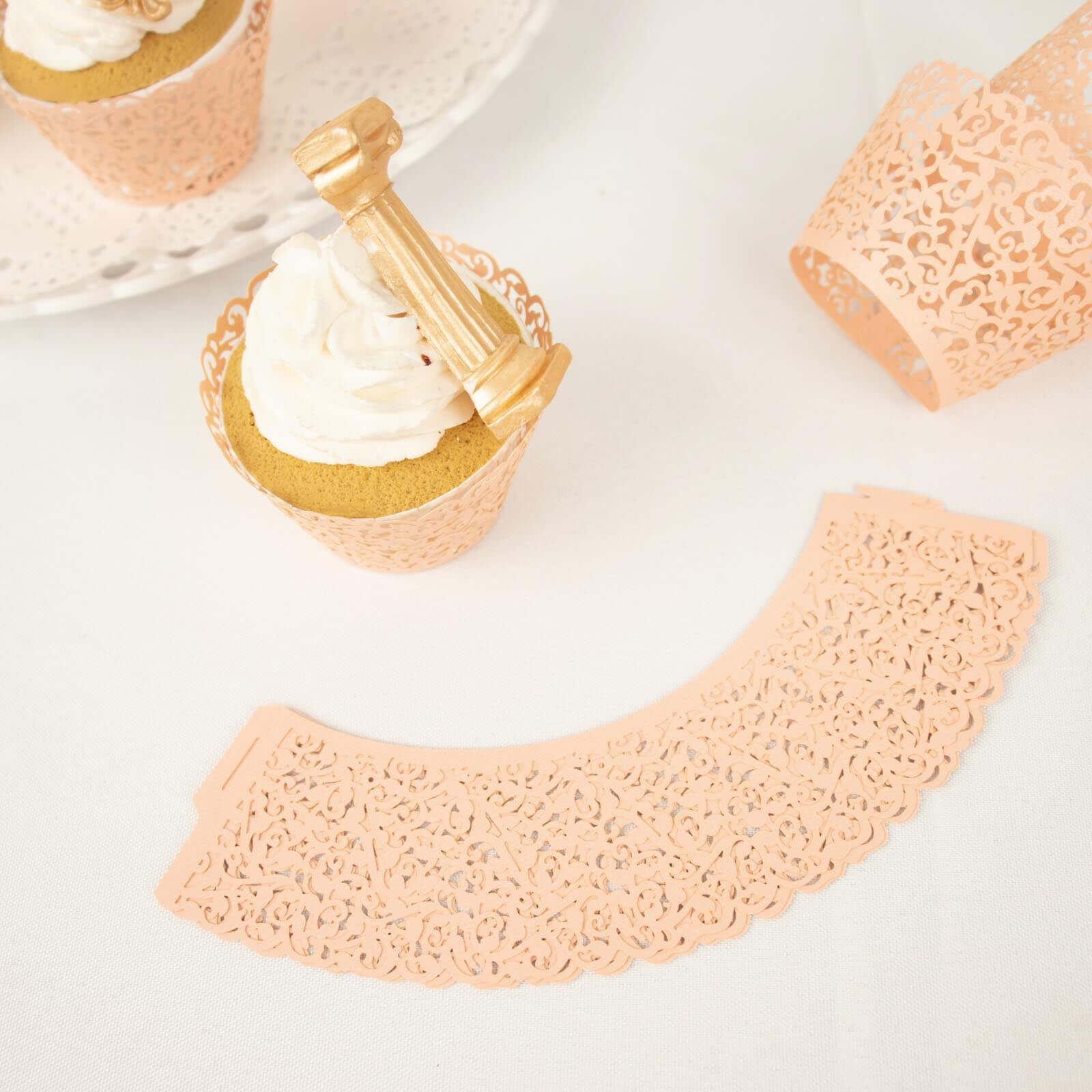 25-Pack Premium Blush Paper Cupcake Wrappers with Lace Laser Cut Design for Party Baking