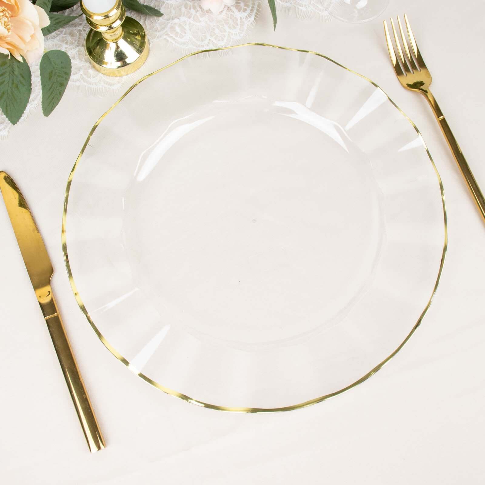10-Pack Clear Plastic Round Dinner Plates with Gold Edging - Sturdy Disposable Delight