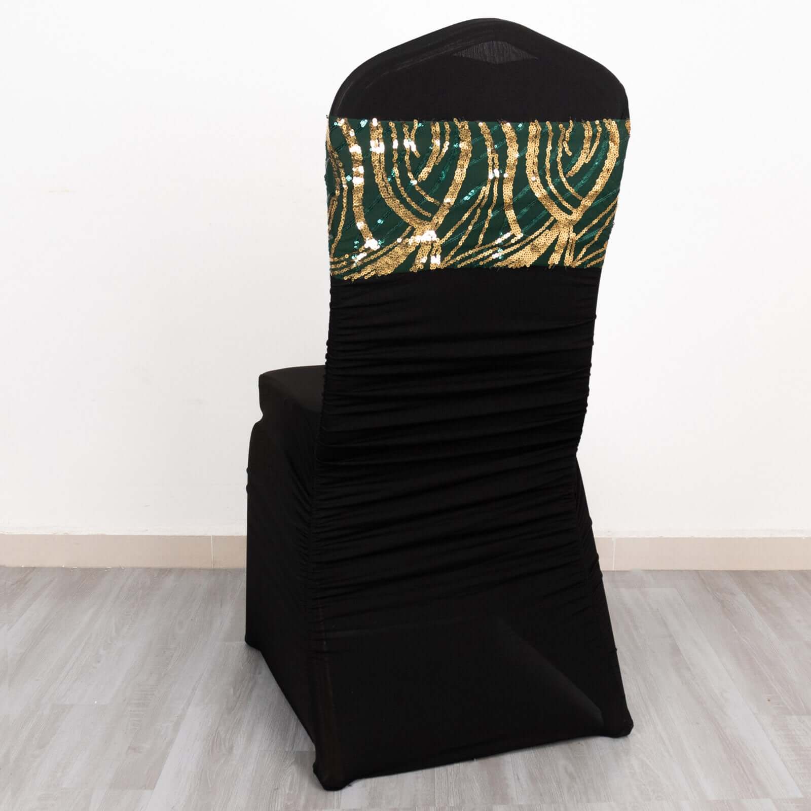 Hot Deal! 5-Pack Hunter Emerald Green/Gold Chair Sash Bands with Wave Embroidered Sequins
