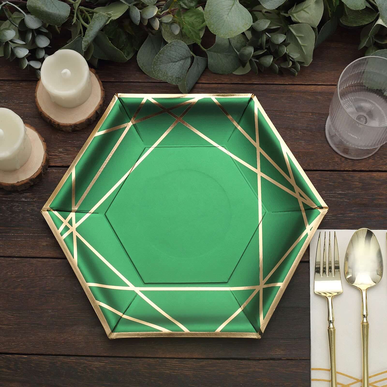25-Piece Set of Hunter Emerald Green Paper Hexagon Dinner Plates with Gold Geometric Rim