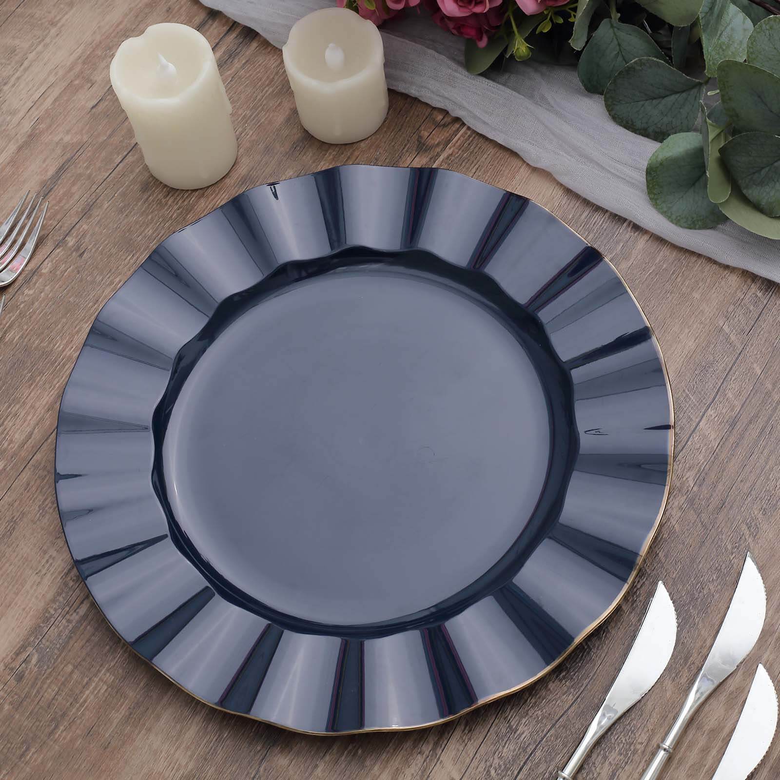 Hot Deal! 10-Pack 11" Navy Blue Plastic Round Dinner Plates with Gold Ruffled Edging - Sturdy Disposable