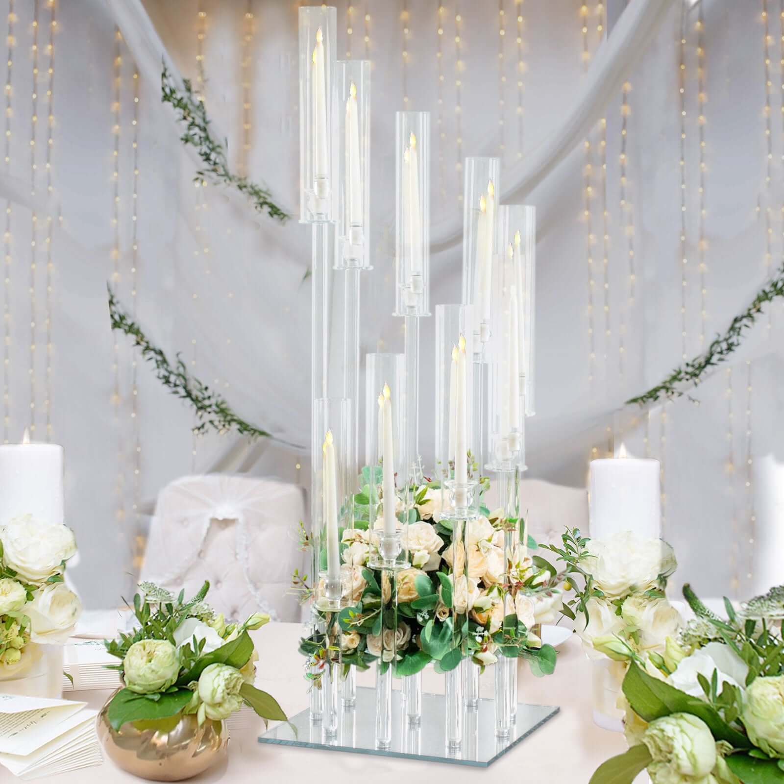 4ft Crystal Glass 9-Pillar Candelabra with Center Flower Stand - Ideal Table Centerpiece