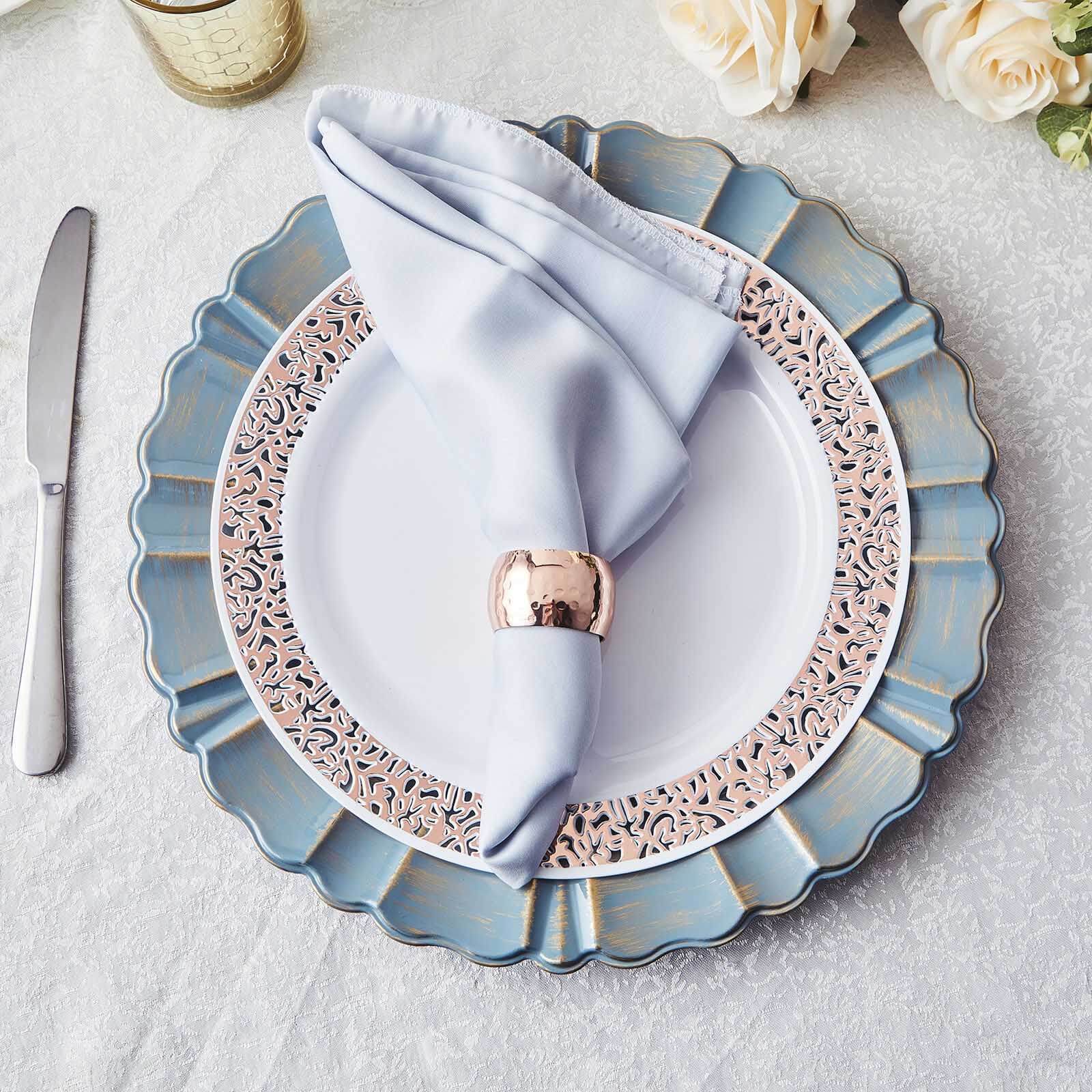 6-Piece Set of 13-Inch Dusty Blue Acrylic Plastic Round Charger Plates with Gold-Brushed Scalloped Rim for Dinner Parties