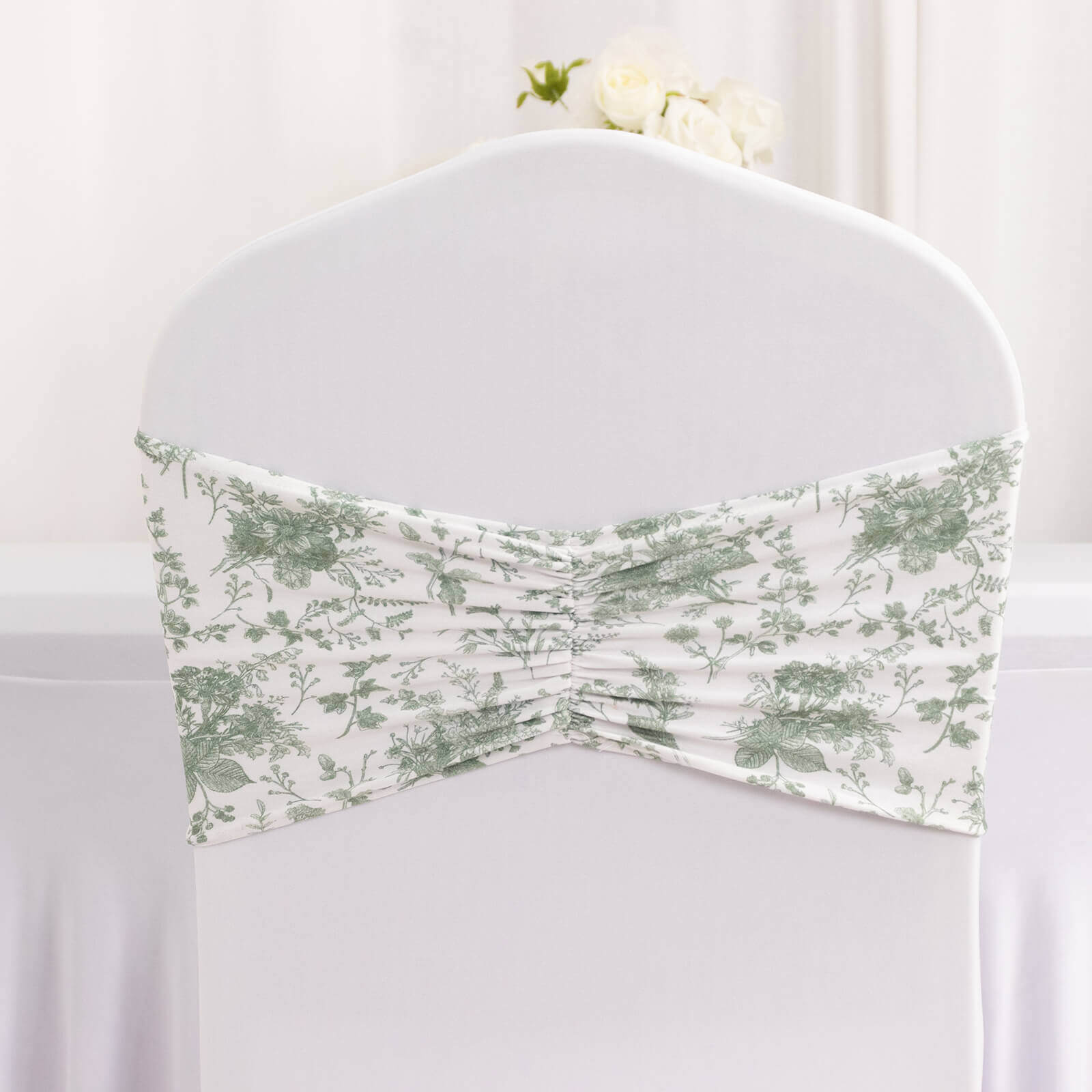 Hot Deal! 5-Pack Wrinkle-Free Spandex Chair Sashes in White and Dusty Sage Green with French Toile Floral Pattern
