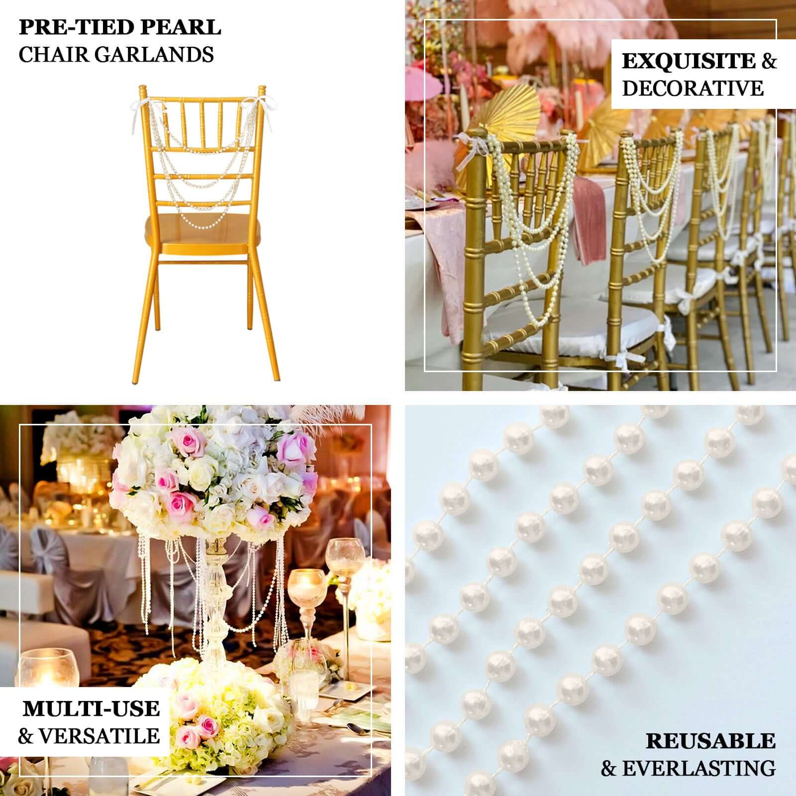Ivory Faux Pearl Beaded 16-Foot Chair Back Garland Sash - Pre-Tied Gatsby Style for Chiavari Chairs