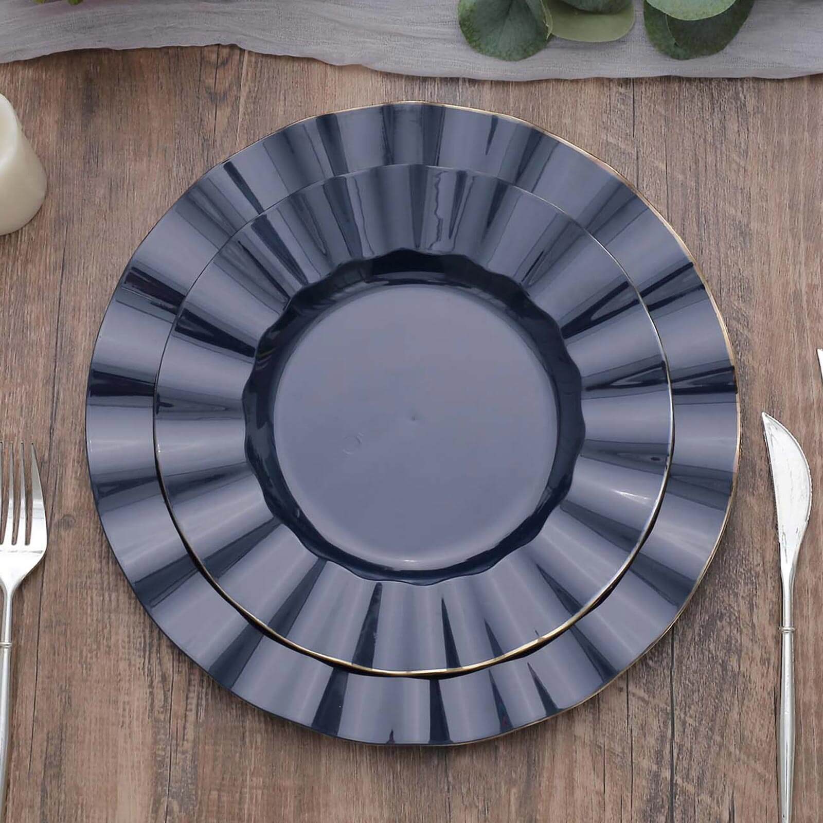 10-Piece Set of Navy Blue Plastic Round Dinner Plates with Gold Edged Ruffled Rim - Sturdy Disposable Dinnerware